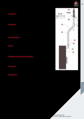 109
Encuentre las últimas características técnicas de nuestros aparatos en www.acv.com
Tarifa 2015-2016- Precio en Euros, sin IVA. Sujeto a cambios y errores de imprenta.
Los esquemas, las fotos y las dimensiones son dados a título indicativo y no tienen ningún valor contractual.
ATerminales
Referencia Descripción Piezas de
recambio
Precio
537D6197 Terminación vertical 1515 330,00
537D6198 Terminal de pared 795 210,00 
B Conductos
Referencia Descripción Piezas de
recambio
Precio
537D6199 Conducto de 250 mm 210 75,00 
537D6200 Conducto de 500 mm 460 95,00 
537D6201 Conducto de 1000 mm 960 125,00 
CTubos ajustables
Referencia Descripción Piezas de
recambio
Precio
537D6202 Conducto ajustable de 325 a 400   140,00 
D Codos
Referencia Descripción Piezas de
recambio
Precio
537D6203 Codo de 43°- 45°   95,00 
537D6204 Codo de 87°- 90°   110,00 
E Medida y recuperación de condensados
Referencia Descripción Piezas de
recambio
Precio
537D6226 Tubo de medidas con recuperador de condensados (ya
entregado en el kit concéntrico 10800264)
140 195,00 
F Accesorios
Referencia Descripción Piezas de
recambio
Precio
537D6210 Fijación Ø 150 mm   5,00 
G Adaptadores
Referencia Descripción Piezas de
recambio
Precio
537D6207 Adaptador concéntrico/paralelo
Ø 100/150 mm - a 2 x Ø 100 mm
205 105,00 
10800264 Kit concentrico para Delta Pro S y Delta Pro Pack (No para
DP S 55).
  510,00 
DELTA PRO S / PACK 25-45
Chimenea coaxial 100/150 INOX/INOX
 