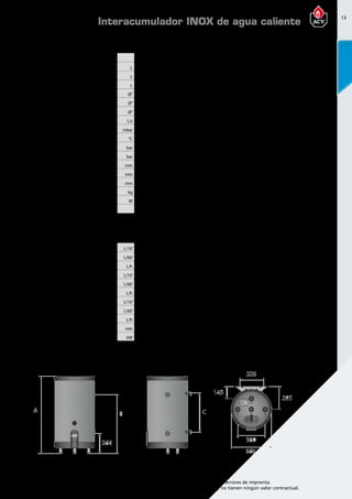 13
Encuentre las últimas características técnicas de nuestros aparatos en www.acv.com
Tarifa 2015-2016- Precio en Euros, sin IVA. Sujeto a cambios y errores de imprenta.
Los esquemas, las fotos y las dimensiones son dados a título indicativo y no tienen ningún valor contractual.
Dimensionesy caracteristicastécnicas
Tipo Smart100 Smart130 Smart160 Smart210 Smart240
Referencia 06602401 06602501 06602601 06602701 06602801
Capacidad total L 105 130 161 203 242
Capacidad de ACS L 75 99 126 164 200
Capacidad de primario L 30 31 35 39 42
Conexión ACS Ø” 3/4 M 3/4 M 3/4 M 3/4 M 3/4 M
Conexión de recirculación Ø” 3/4 M 3/4 M 3/4 M 3/4 M 3/4 M
Conexión primario Ø” 1 H 1 H 1 H 5/4 H 5/4 H
Caudal primario (EN 12897:2006) L/s 0,70 0,70 0,70 1,25 1,25
Pérdida de carga (EN12897:2006) mbar 22,6 26,8 26,8 41,6 47,3
Temperatura máxima °C 90 90 90 90 90
Presión máxima de trabajo (ACS) bar 8,6 8,6 8,6 8,6 8,6
Presión máxima de servicio (calefacción) bar 3 3 3 3 3
Dimensiones A mm 865 1025 1225 1497 1744
Dimensiones B mm 629 789 989 1261 1508
Dimensiones C mm 365 525 725 997 1244
Peso en vacío kg 49 55 65 75 87
Pérdidas térmicas estáticas W 36 40 47 53 57
Clase de eficiencia energética B B B B B
Prestaciones ACS
Tipo Smart100 Smart130 Smart160 Smart210 Smart240
Caudal punta a 40ºC L/10’ 236 321 406 547 700
Caudal punta 1ª hora a 40ºC L/60’ 784 1063 1349 1820 2319
Caudal continuo a 40 ºC L/h 658 890 1132 1527 1943
Caudal punta a 45ºC L/10’ 202 275 348 469 600
Caudal punta 1ª hora a 45ºC L/60’ 672 911 1156 1560 1988
Caudal continuo a 45ºC L/h 564 763 970 1309 1665
Caudal punta a 60ºC L/10’ 117 161 209 272 337
Caudal punta 1ª hora a 60ºC L/60’ 384 549 689 913 1165
Caudal continua a 60ºC L/h 320 465 576 769 994
Tiempo puesta a régimen (EN 12897:2006) min 10 10 10 9 9
Potencia puesta a régimen (EN 12897:2006) kW 18,4 24,7 32,2 39,2 44,6
Temperatura detrabajo
Parámetros de funcionamiento: Circuito Primario 85ºC; Entrada AFCH 10ºC; temperatura de consigna ACS 80ºC
Interacumulador INOX de agua caliente
 