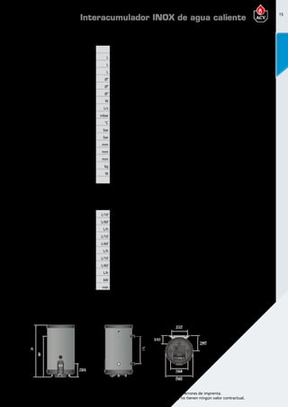 15
Encuentre las últimas características técnicas de nuestros aparatos en www.acv.com
Tarifa 2015-2016- Precio en Euros, sin IVA. Sujeto a cambios y errores de imprenta.
Los esquemas, las fotos y las dimensiones son dados a título indicativo y no tienen ningún valor contractual.
Dimensionesy caracteristicastécnicas
Tipo SmartEW100 SmartEW130 SmartEW160
SmartEW160
Duplex SmartEW210 SmartEW240
Referencia 06623501 06623601 06623701 06509701 06623801 06623901
Capacidad total L 105 130 161 161 203 242
Capacidad de ACS L 75 99 126 126 164 200
Capacidad de primario L 30 31 35 35 39 42
Conexión ACS Ø” 3/4 M 3/4 M 3/4 M 3/4 M 3/4 M 3/4 M
Conexión primario Ø” 1 1/4 H 1 1/4 H 1 1/4 H 1 1/4 H 1 1/4 H 1 1/4 H
Conexión de recirculación Ø” 3/4 M 3/4 M 3/4 M 3/4 F 3/4 M 3/4 M
Resistencia eléctrica W 2200 2200 2200 2200 2200 2200
Caudal primario (EN 12897:2006) L/s 0,70 0,70 0,70 0,70 1,25 1,25
Pérdida de carga (EN12897:2006) mbar 22,6 26,8 26,8 26,8 41,6 47,3
Temperatura máxima °C 90 90 90 90 90 90
Presión máxima de trabajo (ACS) bar 8,6 8,6 8,6 8,6 8,6 8,6
Presión máxima de servicio (calefacción) bar 3 3 3 3 3 3
Dimensiones A mm 965 1025 1225 1225 1497 1744
Dimensiones B mm 629 789 989 989 1261 1508
Dimensiones C mm 365 525 725 725 997 1244
Peso en vacío kg 49 55 65 65 75 87
Pérdidas térmicas estáticas W 38 42 49 49 54 59
Clase de eficiencia energética B B B B B B
Prestaciones ACS
Tipo SmartEW100 SmartEW130 SmartEW160
SmartEW160
Duplex SmartEW210 SmartEW240
Caudal punta a 40ºC L/10’ 236 321 406 406 547 700
Caudal punta 1ª hora a 40ºC L/60’ 784 1063 1349 1349 1820 2319
Caudal continuo a 40 ºC L/h 658 890 1132 1132 1527 1943
Caudal punta a 45ºC L/10’ 202 275 348 348 469 600
Caudal punta 1ª hora a 45ºC L/60’ 672 911 1156 1156 1560 1988
Caudal continuo a 45ºC L/h 564 763 970 970 1309 1665
Caudal punta a 60ºC L/10’ 117 161 209 209 272 337
Caudal punta 1ª hora a 60ºC L/60’ 384 549 689 689 913 1165
Caudal continua a 60ºC L/h 320 465 576 576 769 994
Tiempo puesta a régimen (EN 12897:2006) kW 18,4 24,7 32,2 32,2 39,2 44,6
Potencia puesta a régimen (EN 12897:2006) min 10 10 10 10 9 9
Temperatura detrabajo
Parámetros de funcionamiento: Circuito Primario 85ºC; Entrada AFCH 10ºC; temperatura de consigna ACS 80ºC
Interacumulador INOX de agua caliente
 