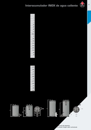 17
Encuentre las últimas características técnicas de nuestros aparatos en www.acv.com
Tarifa 2015-2016- Precio en Euros, sin IVA. Sujeto a cambios y errores de imprenta.
Los esquemas, las fotos y las dimensiones son dados a título indicativo y no tienen ningún valor contractual.
Dimensionesy caracteristicastécnicas
Tipo SmartE130 SmartE160 SmartE210 SmartE240 SmartE300
Referencia 06618801 06618901 06619001 06619101 06605201
Capacidad total L 130 161 203 242 293
Capacidad de ACS L 75 99 126 164 200
Capacidad de primario L 55 62 77 78 93
Conexión ACS Ø” 3/4 M 3/4 M 3/4 M 3/4 M 3/4 M
Conexión de recirculación Ø” 3/4 M 3/4 M 3/4 M 3/4 M 3/4 M
Conexión primario Ø” 1H 1H 1H 1H 1H
Caudal primario (EN 12897:2006) L/s 0,70 0,70 1,25 1,25 1,25
Pérdida de carga (EN12897:2006) mbar 26,8 26,8 41,6 47,3 52,4
Temperatura máxima °C 90 90 90 90 90
Presión máxima de trabajo (ACS) bar 8,6 8,6 8,6 8,6 8,6
Presión máxima de servicio (calefacción) bar 3 3 3 3 3
Dimensiones A mm 1024 1222 1493 1741 2043
Dimensiones B mm 759 959 332 337 405
Dimensiones C mm 525 725 1229 1477 1780
Dimensiones D mm - - 374 374 405
Peso en vacío kg 45 54 66 76 87
Pérdidas térmicas estáticas W 40 47 54 59 69
Clase de eficiencia energética B B B B B
Prestaciones ACS
Tipo SmartE130 SmartE160 SmartE210 SmartE240 SmartE300
Caudal punta a 40ºC L/10’ 236 321 406 547 800
Caudal punta 1ª hora a 40ºC L/60’ 784 1063 1349 1820 2360
Caudal continuo a 40 ºC L/h 658 890 1132 1527 2100
Caudal punta a 45ºC L/10’ 202 275 348 469 640
Caudal punta 1ª hora a 45ºC L/60’ 672 911 1156 1560 1920
Caudal continuo a 45ºC L/h 564 763 970 1309 1710
Caudal punta a 60ºC L/10’ 117 161 209 272 370
Caudal punta 1ª hora a 60ºC L/60’ 384 549 689 913 1100
Caudal continua a 60ºC L/h 320 465 576 769 970
Tiempo puesta a régimen (EN 12897:2006) kW 18,4 24,7 32,2 39,2 44,6
Potencia puesta a régimen (EN 12897:2006) min 10 10 9 9 9
Temperatura detrabajo
Parámetros de funcionamiento: Circuito Primario 85ºC; Entrada AFCH 10ºC; temperatura de consigna ACS 80ºC
Interacumulador INOX de agua caliente
SMART E 130 - 160 SMART E
210 - 240 - 300
 