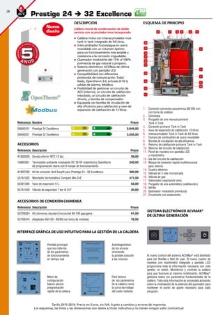 28
Tarifa 2015-2016- Precio en Euros, sin IVA. Sujeto a cambios y errores de imprenta.
Los esquemas, las fotos y las dimensiones son dados a título indicativo y no tienen ningún valor contractual.
esquema de principio
Referencia Nombre Precio
05648101 Prestige 24 Excellence 2.645,00 
05648201 Prestige 32 Excellence 3.055,00 
Accesorios
Referencia Descripción Precio
A1002029 Sonda exterior NTC 12 kΩ 39,00 
10800361 Termostato ambiente modulante RC 35 RF inalámbrico Opentherm
de programación diaria con 6 franjas de funcionamiento.
245,00
A1002330 Kit de conexión fácil Easyfit para Prestige 24 - 32 Excellence 320,00
557A1032 Mezclador termostático Compact Mix 3/4” 471,00
55301300 Vaso de expansión 5 L. 53,00 
557A1500 Válvula de seguridad 7 bar Ø 3/4” 20,00
Prestige 24 è 32 Excellence
Nuevo
diseño
A B
A B
1 2 3 4 5
6
7
8
9
10
11
12
13
14
15
16
17
18
19
20
21
1.	 Conexión chimenea concéntrica 60/100 mm
con toma de análisis
2.	 Chimenea
3.	 Purgador de aire manual primario
Tank in Tank
4.	 Conexión primario Tank in Tank
5.	 Vaso de expansión de calefacción 12 litros
6.	 Interacumulador Tank in Tank de 54 litros
7.	 Camara de combustión de acero inoxidable
8.	 Bomba de circulación de alta eficiencia
9.	 Retorno de calefacción primario Tank in Tank
10.	 Retorno del circuito de calefacción
11.	 Panel de mandos con pantalla LCD
y manómetro
12.	 Ida del circuito de calefacción
13.	 Bloque de conexión rápida multifuncional
para retorno
14.	 Cuadro eléctrico
15.	 Válvula de 3 vías incorporada
16.	 Válvula de gas
17.	 Silenciador (aspiración aire)
18.	 Purgador de aire automático (calefacción)
19.	 Mirilla
20.	 Quemador modulante premezcla
21.	 Envolvente con aislamiento
Accesorios de conexión chimenea
Referencia Descripción Precio
537D6354 Kit chimenea standard horizontal 60-100 pps/galva 81,00 
537D6415 Adaptador 60/100 - 80/80 con toma de medidas 76,00 
El nuevo control del sistema ACVMax®
está diseñado
para ser flexible y fácil de usar. El nuevo cuadro de
mandos con manómetro integrado y pantalla LCD
proporciona toda la información necesaria con solo
apretar un botón. Monitoriza y controla la caldera
para que funcione al máximo rendimiento. ACVMax®
gestiona todos los parámetros fundamentales de la
caldera. Toda esta información es procesada actuando
sobre la modulación de la potencia del quemador para
mantener el punto de ajuste necesario para cada
situación.
Sistema electrónico ACVMax®
de última generación
Descripción
Caldera mural de condensación de doble
servicio con acumulador inox incorporado
„„ Caldera mixta con interacumulador inox
tank in tank integrado de 54 Litros.
„„ Intercambiador humos/agua en acero
inoxidable con un volumen óptimo
para un funcionamiento más estable y
resistencia a la corrosión inigualable.
„„ Quemador modulante del 15% al 100%
premezcla de gas natural o propano.
„„ Sistema electrónico ACVMax de última
generación con pantalla LCD
„„ Compatibilidad con diferentes
protocolos de comunicación: Todo/
Nada, Opentherm 3.0, entrada 0-10 V,
salidas de alarma, Modbus.
„„ Posibilidad de gestionar un circuito de
ACS (interno), un circuito de calefacción
mezclado, un circuito de calefacción
directo, y bomba de compensador.
„„ Equipada con bomba de circulación de
alta eficiencia para calefacción y vaso de
expansión de calefacción de 12 litros.
Nuevo
diseño
A Ñ O SA Ñ O S
GARANTÍAEN
LA CÁMARA DE
COMBUSTIÓN
GARANTÍAEN
LA CÁMARA DE
COMBUSTIÓN
55
Pantalla principal
que nos informa
de los parámetros
de funcionamiento
en tiempo real
Autodiagnóstico
de los errores
ofreciendo
la posible solución
a los mismos
Menú de
configuración
básico para la
programación
rápida de la caldera.
Fácil lectura
de los parámetros
de la caldera como
la curva de trabajo
del suelo radiante.
INTERFACE GRÁFICA DE USO INTUITIVO PARA LA GESTIÓN DE LA CALDERA
 