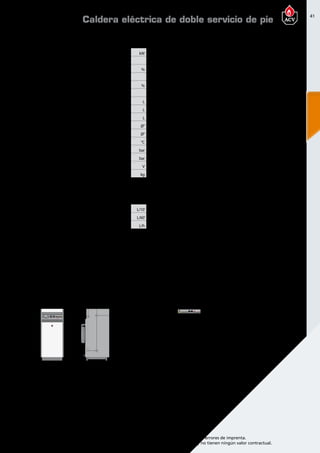 41
Encuentre las últimas características técnicas de nuestros aparatos en www.acv.com
Tarifa 2015-2016- Precio en Euros, sin IVA. Sujeto a cambios y errores de imprenta.
Los esquemas, las fotos y las dimensiones son dados a título indicativo y no tienen ningún valor contractual.
Dimensiones
Dimensionesy caracteristicastécnicas
Tipo ETS160Mono(HEP) ETS160(HEP) ETS240(HEP) ETS380(HEP)
Potencia útil a regimen max ( 80/60ºC) kW 14,4 14,4 28,8 28,8
Perfil de carga declarado  L L  XL  XXL 
Eficiencia energética en calentamiento de agua % 31 31 33 33
Clase de eficiencia energética en calentamiento de agua E E E E
Eficiencia energética estacional de calefacción % 37 37 37 37
Clase de eficiencia energética en calefacción D D D D
Capacidad total L 167 167 250 394
Capacidad de ACS L 99 99 164 263
Capacidad de primario L 68 68 86 131
Conexión ACS Ø” 3/4 M 3/4 M 3/4 F 6/4 F
Conexión de calefacción Ø” 1 F 1 F 1 M 1 M
Temperatura máxima de trabajo °C 85 85 85 85
Presión máxima (ACS) bar 10 10 10 10
Presión máxima (primario) bar 3 3 3 3
Voltaje V 1x230 + N 3x400 + N 3x400 + N 3x400 + N
Peso en vacío kg 115 115 155 230
Prestaciones ACS
Tipo ETS160Mono(HEP) ETS160(HEP) ETS240(HEP) ETS380(HEP)
Caudal punta a 40ºC L/10’ 356 356 545 875
Caudal punta 1ª hora a 40ºC L/60’ 700 700 1234 1564
Caudal continuo a 40 ºC L/h 413 413 827 827
Temperatura detrabajo
Parámetros de funcionamiento: Circuito Primario 80ºC; Entrada AFCH 10ºC;Tª Max de ACS 75ºC
Caldera eléctrica de doble servicio de pie
B C
G
F
A D
E
H
K
K
L
J
B
A
C
G
F
D
E
K
H
L
J
K
E-Tech S 160 - 240 E-Tech S 380
 