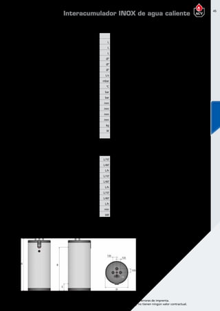 45
Encuentre las últimas características técnicas de nuestros aparatos en www.acv.com
Tarifa 2015-2016- Precio en Euros, sin IVA. Sujeto a cambios y errores de imprenta.
Los esquemas, las fotos y las dimensiones son dados a título indicativo y no tienen ningún valor contractual.
Dimensionesy caracteristicastécnicas
Tipo SL320 SL420 SL420D SL600
Referencia 06618501 06618601 06508101 06619301
Capacidad total L 318 413 413 606
Capacidad de ACS L 263 358 358 445
Capacidad de primario L 55 55 55 161
Conexión ACS Ø” 1 1/2 M 1 1/2 M 1 1/2 M 1 1/2 M
Conexión de recirculación /Válvula de seguridad Ø” 1 1/2 M 1 1/2 M 1 1/2 M 1 1/2 M
Conexión primario Ø” 1 1/2 H 1 1/2 H 1 1/2 H 2 H
Caudal primario (EN 12897:2006) L/s 1,81 1,81 1,81 2,08
Pérdida de carga (EN12897:2006) mbar  90 95  95 92 
Temperatura máxima °C 90 90 90 90
Presión máxima de trabajo (ACS) bar 8,6 8,6 8,6 8,6
Presión máxima de servicio (calefacción) bar 4 4 4 4
Dimensiones A mm 1602 2024 2024 1901
Dimensiones B mm 1280 1705 1705 1583
Dimensiones C mm 250 250 250 255
Dimensiones D mm 660 660 660 817
Peso en vacío kg 141 167 167 238
Pérdidas térmicas estáticas W 76 84 84 148
Clase de eficiencia energética C C C -
Prestaciones ACS
Tipo SL320 SL420 SL420D SL600
Caudal punta a 40ºC L/10’ 922 1195 1195 1345
Caudal punta 1ª hora a 40ºC L/60’ 2666 3151 3151 3437
Caudal continuo a 40 ºC L/h 2093 2536 2536 2511
Caudal punta a 45ºC L/10’ 790 1012 1012 1153
Caudal punta 1ª hora a 45ºC L/60’ 2285 2608 2608 2946
Caudal continuo a 45ºC L/h 1794 2058 2058 2152
Caudal punta a 60ºC L/10’ 504 620 620 706
Caudal punta 1ª hora a 60ºC L/60’ 1368 1513 1513 1733
Caudal continua a 60ºC L/h 1037 1153 1153 1232
Duración de puesta a régimen de 10 a 80ºC (tanque) min 23 24 24 35
Potencia máxima absorbida (tanque) kW 73 88 88 88
Interacumulador INOX de agua caliente
Temperatura detrabajo
Parámetros de funcionamiento: Circuito Primario 85ºC; Entrada AFCH 10ºC; temperatura de consigna ACS 80ºC
 