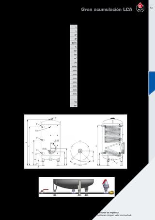 53
Encuentre las últimas características técnicas de nuestros aparatos en www.acv.com
Tarifa 2015-2016- Precio en Euros, sin IVA. Sujeto a cambios y errores de imprenta.
Los esquemas, las fotos y las dimensiones son dados a título indicativo y no tienen ningún valor contractual.
Dimensionesy caracteristicastécnicas
Tipo 1CO300hh 1CO500hh 1CO750hh
1CO1000
mh
1CO1500
mh
1CO2000
mh
1CO2500
mh
1CO3000
mh
Capacidad total L 300 500 750 1000 1500 2000 2500 3000
Capacidad de serpentín L 12,0 23,0 30,0 39,5 42,5 42,5 53,0 53,0
Conexión ACS Ø” 2 F 2 F 2 F 2 F 2 F 2 F 2 F 2 F
Conexión al serpentín Ø” 1 1/2 H 1 1/2 H 1 1/2 H 1 1/2 H 1 1/2 H 1 1/2 H 1 1/2 H 1 1/2 H
Diametro boca de acceso Ømm 110 110 110 400 400 400 400 400
Temperatura máxima °C 95 95 95 95 95 95 95 95
Presión máxima de trabajo (ACS) bar 8 8 8 8 7 7 7 7
Presión máxima del serpentín (calefacción) bar 10 10 10 10 10 10 10 10
Superficie de intercambio del serpentin m² 1,6 3,0 4,0 5,2 5,6 5,6 7,0 7,0
Caudal (serpentin) L/h 0,83  0,83 0,83 0,83 0,83 0,83 0,83 0,83
Pérdida de carga serpentín mbar 125 234 310 405 445 445 565 565
Dim. Anchura o Diámetro (sin conexiones) mm 630 630 790 790 1100 1100 1400 1400
Dimensiones A mm 330 330 425 465 620 620 730 730
Dimensiones B mm 1386 1983 1891 2244 2073 2261 2136 2269
Dimensiones C mm 1155 1752 1601 1956 1700 1885 1680 1808
Dimensiones D mm 807 1108 1051 1246 1150 1244 1180 1245
Dimensiones E mm 472 463 501 501 600 600 680 680
Dimensiones F mm 150 150 150 150 200 200 200 200
Clase de eficiencia energética C C - - - - - -
Peso en vacío kg 127 177 256 362 494 531 678 700
Presión máxima de trabajo (serpentín) bar 7 7 7 7 7 7 7 7
Gran acumulación LCA
 