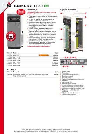 66
Tarifa 2015-2016- Precio en Euros, sin IVA. Sujeto a cambios y errores de imprenta.
Los esquemas, las fotos y las dimensiones son dados a título indicativo y no tienen ningún valor contractual.
esquema de principio
1.	 Panel de control.
2.	 Resistencias.
3.	 Contactores y relés de seguridad.
4.	 Controlador opcional.
5.	 Circuito de control.
6.	 Fusibles principales y conexiones eléctricas.
7.	 termostato.
8.	 Interruptor ON / OFF.
9.	 Interruptor verano / invierno.
10.	 Reinicio manual del termostato de máxima.
11.	 Indicador luminoso de sobrecalentamiento.
12.	 Indicador luminoso presión mínima de agua.
13.	 Temperatura y medidor de presión
combinada.
14.	 Indicadores de etapas de potencia.
15.	 Controlador interno opcional.
Descripción
Caldera eléctrica solo calefacción de alta potencia.
Posición suelo.
„„ Caldera eléctrica solo calefacción compacta de alta
potencia.
„„ 4 Etapas de modulación temporizada que se
adaptan a la demanda energética.
„„ Cuerpo de caldera fabricado en acero al carbono
de gran espesor con bloque de resistencias
eléctricas desmontables de acero inoxidable
Incoloy 800.
„„ Panel de mandos que incorpora interruptor
general, testigos luminosos indicadores de
etapas de potencia, testigo luminoso de aviso de
sobretemperatura, termómetro, termostato de
regulación y termostato de seguridad de rearme
manual.
„„ Aislamiento térmico de 30 mm. de poliuretano
expandido con acabado de chapa metálica
pintada con pintura epoxi blanca.
„„ Circuito de control protegido por disyuntor de
circuito magnetotérmico de 3 Amperios.
Prioridad sanitaria incorporada.
Referencia Nombre Precio
A1002277 E-Tech P 57 8.500,00
A1002278 E-Tech P 115 8.640,00
A1002279 E-Tech P 144 9.140,00
A1002280 E-Tech P 201 11.700,00
A1002281 E-Tech P 259 13.570,00
Accesorios
Referencia Descripción Precio
10800358 Termostato de ambiente RC 30. On/Off, de programación diaria con 6
franjas de funcionamiento
105,00
E-Tech P 57 è 259
1110
8 97
13 14
15
12
A Ñ O SA Ñ O S
GARANTÍA
E
N
EL CUERPO
D
E
CALDERA
GARANTÍA
E
N
EL CUERPO
D
E
CALDERA
55
Nuevo
diseño 4
5
6
1
2
3
D
 