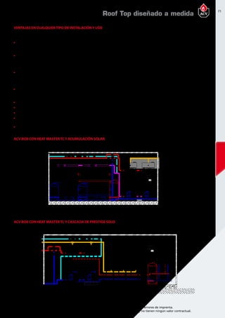 71
Encuentre las últimas características técnicas de nuestros aparatos en www.acv.com
Tarifa 2015-2016- Precio en Euros, sin IVA. Sujeto a cambios y errores de imprenta.
Los esquemas, las fotos y las dimensiones son dados a título indicativo y no tienen ningún valor contractual.
VENTAJAS EN CUALQUIERTIPO DE INSTALACIÓNY USO
Obra nueva
	Máxima utilización de la superficie construida del edificio.El espacio previsto inicialmente para sala de calderas se puede utilizar para otros usos.
Reconversión a gas de antiguas salas de calderas
	Optima solución en aquellas salas de calderas en que no es posible la instalación de gas por no cumplir normativas vigentes 			
(salas sin ventilación o en planta no adecuada,chimeneas insuficientes,etc…).
Climatización combinada frío-calor
	Los equipos ACV BOX se pueden instalar aprovechando la estructura prevista para las enfriadoras y climatizadoras en la azotea del edificio 		
(mínimo peso respecto a estos equipos).
Mayor seguridad respecto a la solución con salas de calderas
	Instalación en el exterior del edificio,ventilaciones externas (mayor seguridad en caso de posible fuga de gas).Prueba total del equipo antes de suministro.
Ahorro energético en su instalación
	Instalación de equipos de condensación total HEAT MASTER TC para aplicaciones de A.C.S.
	Generadores con quemador modulante (adaptación a la demanda de la instalación).
	Posibilidad de funcionamiento con temperatura de impulsión en función de sonda exterior (sólo circuitos de calefacción).
	Regulación Control UNIT para modulación de quemadores y secuencia (equipos con 2 o más generadores).				
Posibilidad de control de 3 circuitos de calefacción y 1 de A.C.S.
	Reducción del consumo eléctrico (generadores con quemadores modulantes con motor-ventilador de velocidad variable).
ACV BOX CON HEAT MASTERTCY ACUMULACIÓN SOLAR
ACV BOX CON HEAT MASTERTCY CASCADA DE PRESTIGE SOLO
Roof Top diseñado a medida
 