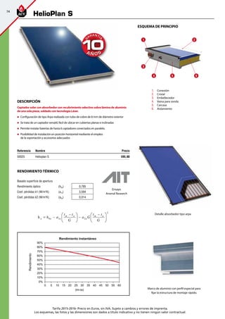 74
Tarifa 2015-2016- Precio en Euros, sin IVA. Sujeto a cambios y errores de imprenta.
Los esquemas, las fotos y las dimensiones son dados a título indicativo y no tienen ningún valor contractual.
RENDIMIENTO TÉRMICO
h h a a G
GGa a a a
aam m
210
t t t t
2
Basado superficie de apertura
Rendimiento óptico (h0a) 0,785
Coef. pérdidas k1 (W/m2
K) (a1a) 3,594
Coef. pérdidas k2 (W/m2
K) (a2a) 0,014
Ensayo
Arsenal Research
90%
80%
70%
60%
50%
40%
30%
20%
10%
0%
0 5 10 15 20 25 30 35 40 45 50 55 60
(tm-ta)
Rendimiento
Rendimiento instantáneo
Marco de aluminio con perfil especial para
fijar la estructura de montaje rápido.
Detalle absorbedor tipo arpa
esquema de principio
Referencia Nombre Precio
50025 Helioplan S 595,00
DeScripción
Captador solar con absorbedor con recubrimiento selectivo sobre lámina de aluminio
de una sola pieza, soldado con tecnología Láser.
„„ Configuración de tipo Arpa realizada con tubo de cobre de 8 mm de diámetro exterior
„„ Se trata de un captador versátil, fácil de ubicar en cubiertas planas e inclinadas
„„ Permite instalar baterías de hasta 6 captadores conectados en paralelo.
„„ Posibilidad de instalación en posición horizontal mediante el empleo
de la soportación y accesorios adecuados
1.	 Conexión
2.	 Cristal
3.	 Embellecedor
4.	 Vaina para sonda
5.	 Carcasa
6.	 Aislamiento
5
1 2
3
4 6
HelioPlan S
 