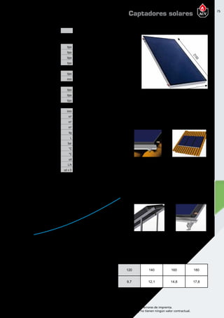 75
Encuentre las últimas características técnicas de nuestros aparatos en www.acv.com
Tarifa 2015-2016- Precio en Euros, sin IVA. Sujeto a cambios y errores de imprenta.
Los esquemas, las fotos y las dimensiones son dados a título indicativo y no tienen ningún valor contractual.
modelo Helioplan S
Código 50025
Características constructivas
ABSORBEDOR
Configuración tipo Completo / Arpa
Material tipo Aluminio
Soldadura tipo Laser
Tratamiento superficial tipo Blue Tec Selectivo Alta Eficiencia
AISLAMIENTO
Material tipo Lana Mineral
Espesor mm 40/20
ACABADOS
Cubierta de cristal tipo Templado bajo contenido FE
Carcasa de aluminio tipo Aluminio extruido
Sistema anticondensación tipo Ventilación inferior
Características técnicas
Alto x Ancho x Profundidad mm 2150 x 1171 x 83
Superficie total m2
2,517
Superficie apertura m2
2,404
Superficie absorción m2
2,314
Peso total en vacío kg 39,15
Capacidad total L 1,7
Presión máx. de trabajo bar 10
Temperatura máxima de trabajo °C 145
Temperatura estancamiento °C 191,5
Nª máx. colectores en paralelo ud 6
Caudal de trabajo por captador L/h 120
Conexiones ud x D 4 x 22
PÉRDIDA DE CARGA
Tª fluido = 20°C + 2°C
Caudal
L/h
60 80 100 120 140 160 180
PC
mbar
3,7 5,5 7,5 9,7 12,1 14,8 17,8
Caudal captador [L/h]
9,0
8,0
7,0
6,0
5,0
4,0
3,0
2,0
1,0
0,0
24018012060
PC[mbar]
DETALLES DE FIJACIÓN
CUBIERTA PLANA
DETALLES DE FIJACIÓN
CUBIERTA INCLINADA
Caudales recomendados sombreados en gris
ESQUEMA DIMENSIONAL
1171
2150
83
Captadores solares
 