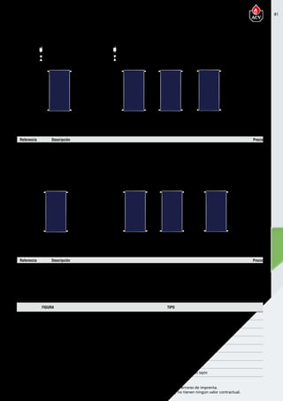 81
Encuentre las últimas características técnicas de nuestros aparatos en www.acv.com
Tarifa 2015-2016- Precio en Euros, sin IVA. Sujeto a cambios y errores de imprenta.
Los esquemas, las fotos y las dimensiones son dados a título indicativo y no tienen ningún valor contractual.
Referencia Descripción Precio
95301 Kit accesorios batería Helioplan S / Kaplan 2.2 H 86,00
95302 Kit unión captadores Helioplan S / DB / Kaplan 2.2 H 12,00
FIGURA TIPO
1 Purgador automático 1/2” M con grifo de cierre
2 Codo de compresión de latón doble 1” Ø 22 mm
3 Codo H de compresión de latón 1” Ø 22 mm
4 Racor recto de compresión doble 1” Ø 22 mm
5 Reductor 1/2” M a 3/8” H
6 Tapón de 1” M Ø 22 mm
7 Racord flexible de absorción de dilataciones
8 Racord recto H de compresión 1” Ø22 con tapón
Accesorios hidráulicos Helioplan S / Kaplan 2.2 H - Sistema convencional
Detalle accesorios kits
Kit accesorios bateria Helioplan S Kit unión captadores Helioplan S
3 3
1
2
3
4
5
3
4
4
4
4
88
9
3
B
C
3
1
2
3
4
5
1
2
5
1
2
5
3 3
3
4
4
4
4
4
88
9
…
Referencia Descripción Precio
95303 Kit accesorios batería Helioplan 2.5 DB / Kaplan 2.2 H 25,00
95302 Kit unión captadores Helioplan S / DB / Kaplan 2.2 H 12,00
Kit accesorios batería Helioplan DB Kit unión captadores Helioplan DB
Accesorios hidráulicos Helioplan DB / Kaplan 2.2 H - Sistema Drain Back
Codo 1” HH
Reductor M 1” H 3/8”
3
B
C
3
3
4
3 3
3
4
4
4
4
4
88
8
8 8
8
Tapón 1” H Latón con junta
Codo 1” MM con (1) asentamiento cónico
Codo 1” HH
Reductor M 1” H 3/8”
3
B
C
3
3
4
3 3
3
4
4
4
4
4
88
8
8 8
8
…
Codo 1” HH
Reductor M 1” H 3/8”
3
B
C
3
3
4
3 3
3
4
4
4
4
4
88
8
8 8
8
3 3
1
2
3
4
5
3
4
4
4
4
88
9
Accesorios hidráulicos captadores solares planos
 