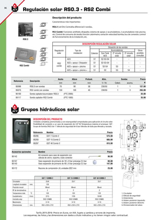 86
Tarifa 2015-2016- Precio en Euros, sin IVA. Sujeto a cambios y errores de imprenta.
Los esquemas, las fotos y las dimensiones son dados a título indicativo y no tienen ningún valor contractual.
Referencia Nombre Precio
95295 GST 7 Combi 2 575,00
95293 GST 15 Combi 2 605,00
95297 GST 40 Combi 2 815,00
Características más importantes:
RS0.3 (rail Din) Centralita diferencial 3 sondas.
RS2 Combi: Funciones antihielo, disipador, sistema de apoyo. 2 acumuladores, 2 acumuladores más piscina,
etc.Control de consumo de ánodo,función calorímetro,variación velocidad bomba,bus de conexión,control
de funcionamiento de la instalación,etc.
Referencia Descripción
Ancho Altura Profund. Alim. Sondas Precio
mm mm mm V / Hz Colect. acumu. €
95098 RS0.3 con sondas 70 90 58 230/50 1 1 137,00
95070 RS2 combi con sondas 150 100 45 230/50 1 3 265,00
95100 Sonda captador/acumulador RS0.3	 (PTC 2000) 35,00
95117 Sonda captador RS2 Combi (PTC 1000) 35,00
Descripción regulación solar
Regulación
solar
Tipo de
instalación
Situación de las sondas
Colector
Acumuladores Otros
posibles
consultar
Sun Tank
ACS
2º circuito
solar
3º circuito
solar
RS2
combi
ACS S1 S2-S3-S4 - - -
ACS + apoyo / Disipador S1 S2-S3-S4 - - -
ACS + apoyo + piscina S1 S2-S4 S3 - -
ACS + apoyo + piscina + … S1 S2 S3 S4 -
Descripción del producto
RS2 Combi
RS0.3
Descripción del producto
Unidades completas,premontadas y con estanqueidad comprobadas para aplicación al circuito solar.
Posibilidad de conexión a un vaso de expansión de 3/4” M. Temperatura máxima al arranque 160°.
Grupo de bomba DN25 de 1”. Válvula de seguridad de 6 bar.Válvulas de bola para llenado y vaciado.
GST 7 COMBI 2 GST 15 COMBI 2 GST 40 COMBI 2
Circulador 25/6 25/7 25/7
Longitud circulador mm. 130
Posición mural Mural Mural Mural
Nº de termómetros 2 2 2
Temperatura máx. ºC 120 120 120
Caudalímetro l/min 2/15 7/30 10/40
Centralita solar RS2 COMBI RS2 COMBI RS2 COMBI
Manómetro 0-10 0-10 0-10
Dimensiones mm. 450 x 250 x 210 450 x 250 x 210 450 x 250 x 210
Accesorios opcionales Nombre Precio
95142
Kit conexión para vaso de expansión con
válvula de cierre, soporte y tubo conector
96,00
95107
95143
Vaso expansión de primario de 18 L 8 bar precarga 2,5 bar
Vaso expansión de primario de 40 L 8 bar precarga 2,5 bar
66,00
147,00
95172 Racores de compresión (4) unidades Ø22 mm 25,00
248
G 1 G 1
G 1 G 1
100
130(180)
262(312)
375(425)
G3/4Rp3/4
250
1.Circulador
2.Válvula de seguridad
3.Aislamiento
4.Aislam.posterior izquierdo
5.Aislam.posterior derecho
6.Dinstanciador de tubos
Grupos hidráulicos solar
excellence
in hot water
Regulación solar RS0.3 - RS2 Combi
 
