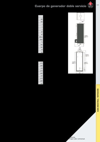 117
Encuentre las últimas características técnicas de nuestros aparatos en www.acv.com
Tarifa 2017 - Precio en Euros, sin IVA. Sujeto a cambios y errores de imprenta.
Los esquemas, las fotos y las dimensiones son dados a título indicativo y no tienen ningún valor contractual.
GAMAINDUSTRIAL/REPOSICIÓN
DimensionesDimensionesy caracteristicastécnicas
Tipo HM70N(HEP) HM100N(HEP) HM115N(HEP)
Combustible Gasóleo Gaz/Fioul Gasóleo
Gasto calorífico máximo (calefacción) PCI kW 69,9 107 107
Potencia útil a régimen máx. (80/60ºC) kW 63 96,3 96,3
Capacidad total L 239 290 290
Capacidad de ACS L 131 130 130
Capacidad de primario L 108 160 160
Conexión ACS Ø” 1 M 1 M 1 M
Conexión de calefacción Ø” 1 1/2 H 1 1/2 H 1 1/2 H
Conexión de chimenea Ømm 150 150 150
Pérdida de carga tanque a Δt = 20ºC mbar 46 83 83
Temperatura máxima de trabajo °C 90 90 90
Presión máxima (agua caliente) bar 8,6 8,6 8,6
Presión máxima (primario) bar 3 3 3
Consumo eléctrico W 95 95 95
Peso en vacío kg 285 320 320
Prestaciones ACS
Tipo HM70N(HEP) HM100N(HEP) HM115N(HEP)
Caudal punta a 40ºC L/10’ 646 898 898
Caudal punta 1ª hora a 40ºC L/60’ 2133 3168 3168
Caudal continuo a 40 ºC L/h 1835 2776 2776
Caudal punta a 45ºC L/10’ 543 774 774
Caudal punta 1ª hora a 45ºC L/60’ 1794 2676 2676
Caudal continuo a 45ºC L/h 1573 2379 2379
Caudal punta a 60ºC L/10’ 346 510 510
Caudal punta 1ª hora a 60ºC L/60’ 1219 1811 1811
Caudal continua a 60ºC L/h 1101 1665 1665
Temperatura detrabajo
Parámetros de funcionamiento: Circuito Primario 92ºC; Entrada AFCH 10ºC;Tª Max de ACS 92ºC
Conexión a la chimenea
B23
Cuerpo de generador doble servicio
 