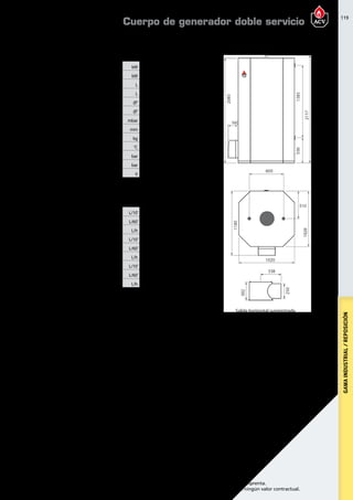 119
Encuentre las últimas características técnicas de nuestros aparatos en www.acv.com
Tarifa 2017 - Precio en Euros, sin IVA. Sujeto a cambios y errores de imprenta.
Los esquemas, las fotos y las dimensiones son dados a título indicativo y no tienen ningún valor contractual.
GAMAINDUSTRIAL/REPOSICIÓN
Temperatura de agua
caliente elevada : hasta 92°C
Régimen de funcionamiento
Fluido primario:	 90°C
Agua fría:	 10°C
dimensionesDimensionesy caracteristicastécnicas
Tipo HM200N
Gasto calorífico (calefacción) PCI kW 154
Potencia útil a régimen máx. (80/60ºC) kW 141,7
Capacidad total L 641
Capacidad primaria L 241
Conexión calefacción Ø” 2 F
Conexión sanitaria Ø” 2 M
Pérdida de carga hidráulica con Δt = 20ºC mbar 240
Conexión con la chimenea mm 250
Peso en vacío kg 530
Temperatura máxima °C 90
Presión máxima de servicio (calefacción) bar 3
Presión máxima de servicio (agua caliente) bar 10
Voltaje V 230
Prestaciones Sanitarias
Tipo HM200N
Caudal punta a 40ºC L/10’ 1570
Caudal punta 1ª hora a 40ºC L/60’ 4920
Caudal continuo a 40ºC L/h 4020
Caudal punta a 45ºC L/10’ 1350
Caudal punta 1ª hora a 45ºC L/60’ 4221
Caudal continuo a 45ºC L/h 3446
Caudal punta a 60ºC L/10’ 915
caudal punta 1ª hora a 60ºC L/60’ 2925
Caudal continuo a 60ºC L/h 2412
Temperatura detrabajo
Fluido primario:92ºC
Agua fría:10ºC
Temperatura agua caliente elevada: 92ºC
conexión chimenea
B23
Salida horizontal suministrada
Cuerpo de generador doble servicio
 