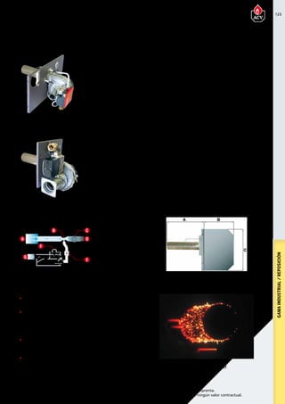123
Encuentre las últimas características técnicas de nuestros aparatos en www.acv.com
Tarifa 2017 - Precio en Euros, sin IVA. Sujeto a cambios y errores de imprenta.
Los esquemas, las fotos y las dimensiones son dados a título indicativo y no tienen ningún valor contractual.
GAMAINDUSTRIAL/REPOSICIÓN
QUEMADORES BG 2000-S 	
de premezcla aire/gas
Los quemadores BG 2000-S están
equipados de un conjunto vénturi-
válvula de gas,de un ventilador y de
un relé electrónico de maniobra. La
seguridad del conjunto se garantiza
por la detección de la llama
mediante ionización. El encendido
es electrónico.
PrincipiO 			
de funcionamiento
El ventilador aspira el aire a través
del venturí provocando en la
garganta una pérdida de presión
dependiente del caudal. Por otra
parte la presión del gas a la salida
de la válvula es igual a la presión
del aire en la garganta del venturí,
disminuida por la compensación
(offset). El gas aspirado a través del
venturí es perfectamente mezclado
con el aire. Esta mezcla se propulsa
hacia el quemador, repartiendose
la combustión en su periferia. Si
sobreviene una anomalía en la
entrada del aire o la salida del gas
de combustión, y puesto que el
caudal de gas es estrictamente
proporcional al del aire, el
quemador entra en seguridad por
defecto de la llama.
BG 2000-S
ventajas
	Fácil de instalar
	 Adaptados perfectamente a las calderas ACV.
	Facilidad de instalación y reglaje
-	 Facilidad de reglaje:un tornillo de reglaje situado en el vénturi
permite ajustar el caudal de gas (es decir el % CO2); la velocidad
del ventilador es variable y regulada por un potenciometro.
-	 Todos los quemadores BG 2000-S están regulados en fábrica.
	El confort del silencio
	 Encendido y funcionamiento netamente más silencioso que un
quemador de gas impulsado.
	Facilidad de mantenimiento
	 - Diagnóstico simple de avería .
	 - Componentes estandarizados.
Esquema de principio
	A.	 Aire
	B.	 Vénturi
	C.	 Ventilador
	D.	 Mezcla aire/gas
	E.	 Tornillo regulación 		
		 caudal de gas
	F.	 Tornillo regulación 		
		compensador
	G.	 Gas
A D
G
B C
F
E
Cabeza combustión NIT
Heat Master 60 - 70
Heat Master 100
Dimensiones
modelo A B C Ø Gas Ø Aire*
BG 2000-S/60 375 248 342 1/2” [H] 80
BG 2000-S/70 375 248 342 1/2” [H] 80
BG 2000-S/100 375 248 342 3/4” [H] 80
* Ø entrada aire al quemador BG 2000-S para conexión estanca.
quemadores ACV BG 2000-S de 60 a 107 kW
Referencia Nombre Gas Potencia Heat Master Precio
237D0073 BG S/60
Natural
y propano 69,9 HM 60 2.730,00
237D0159 BG S/70
Natural
y propano 69,9 HM 70 2.575,00
237D0105
BG S/100
(sólo reposición)
Natural
y propano 107,0 HM 100 3.260,00
Estos quemadores son adecuados para HeatMaster® 60N, 70N y 100N
en aplicaciones industriales y reposición. Están recubiertos de una fibra
metálica (NIT), que reduce extraordinariamente las emisiones de NOx
(habitualmente inferiores a 60 mg/kWh), y mejora la vida del quemador.
La energía transmitida por radiación es mayor que con una cabeza de
combustión convencional, lo que mejora el intercambio térmico en el
hogar de la caldera.
Quemadores de premezcla de gas
 