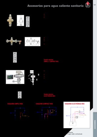 131
Encuentre las últimas características técnicas de nuestros aparatos en www.acv.com
Tarifa 2017 - Precio en Euros, sin IVA. Sujeto a cambios y errores de imprenta.
Los esquemas, las fotos y las dimensiones son dados a título indicativo y no tienen ningún valor contractual.
ACCESORIOS
Simple mix
	Mezclador termostático simple.
	Temperatura de distribución regulable de 30 a 60 °C.
	Cuerpo de acero niquelado con termómetro en la mezcla.
Referencia Nombre Ø Precio
557A1026 Simple mix 20 3/4” 395,00
557A1027 Simple mix 25 1” 560,00
557A1028 Simple mix 32 1”1/4 605,00
557A1029 Simple mix 40 1”1/2 960,00
557A1030 Simple mix 50 2” 1.625,00
Compact mix
	Mezclador termostático con circuito de retorno de A.C.S.
	Temperatura de distribución regulable de 30 a 60 °C.
	Cuerpo de acero niquelado con termómetro en la mezcla,
	 entrada de agua fría y entrada de agua caliente.
	2 válvulas de corte con función de anti-retorno.
Referencia Nombre Ø Ø circuito de retorno Precio
557A1032 Compact mix 20 3/4” 1/2” 545,00
557A1033 Compact mix 25 1” 3/4” 835,00
557A1034 Compact mix 32 1 1/4” 3/4” 870,00
557A1035 Compact mix 40 1 1/2” 3/4” 1.380,00
557A1036 Compact mix 50 2” 3/4” 1.555,00
3/4” 1” 1 1/4” 1 1/2” 2”
Q (l/min) 76 92 145 270 370
1” 1 1/4” 1 1/2” 2”
Q (l/min) 183 296 466 650
Ø A B
3/4” 98 98
1” 123 118
1”1/4 123 118
1”1/2 182 138
2” 182 138
Ø A B C D E F
3/4” 95 65 14 40 85 100
1” 132 78 32 40 85 112
1”1/4 135 78 32 40 85 112
1”1/2 183 84 53 40 85 126
2” 195 84 53 40 85 126
Referencia Nombre Ø Precio
XC200062 Electrónica MIX 25 1” 2.320,00
XC200003 Electrónica MIX 32 1 1/4” 2.705,00
XC200005 Electrónica MIX 40 1 1/2” 3.065,00
XC200063 Electrónica MIX 50 2” 3.165,00
	Mezclador termostático motorizado con centralita para la programación de desinfección
térmica del circuito contra la legionelosis.
	Reloj programador digital diario y semanal. Batería 15 días contra cortes de corriente.
	Temperatura de distribución regulable 30 a 60°C.
	Cuerpo de acero niquelado con sonda de Tª en la mezcla.
B
A
E
Electrónica MIX
Ø A B E
25 75 125 260
40 100 150 310
50 110 170 340
Caudal máximo
SIMPLE / COMPACT MIX
Caudal máximo
ELECTRÓNICA MIX
∆P a caudal máximo 1,5 bar
ESQUEMA SIMPLE MIX ESQUEMA COMPACT MIX ESQUEMA ELECTRÓNICA MIX
Mezclador termostático Simple Mix
Mezclador termostático Compact Mix
Mezclador termostático Electrónica Mix
Accesorios para agua caliente sanitaria
 