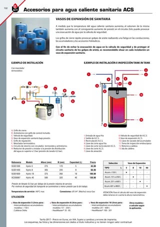 132
Tarifa 2017 - Precio en Euros, sin IVA. Sujeto a cambios y errores de imprenta.
Los esquemas, las fotos y las dimensiones son dados a título indicativo y no tienen ningún valor contractual.
Referencia Modelo Altura (mm) Ø (mm) Capacidad (L) Precio
55301300 Hydro 5 275 170 5 45,00
55301400 Hydro 8 305 220 8 60,00
55301600 Hydro 18 375 260 18 100,00
XC200067 Hydro 40 590 320 40 130,00
Vasos de expansión de sanitaria
A medida que la temperatura del agua caliente sanitaria aumenta, el volumen de la misma
también aumenta con el consiguiente aumento de presión en el circuito. Esto puede provocar
una evacuación de agua por la válvula de seguridad.
Los grifos de cierre rápido provocan golpes de ariete realizando una fatiga en las conducciones,
los acumuladores y los accesorios hidráulicos.
Con el fin de evitar la evacuación de agua en la válvula de seguridad y de proteger el
circuito sanitario de los golpes de ariete, es recomendable situar en cada instalación un
vaso de expansión sanitario.
Ejemplo de instalación
Con mezclador
termostático
Temperatura de servicio : 90°C max		 Conexiones : Ø 3/4” [Macho] rosca Gas
Utilización
A
B
H
C
D
E
F
G
A.	Grifo de cierre.
B.	Antiretorno con grifo de control incluido.
C.	Válvula de seguridad.
D.	Vaso de expansión sanitario bajo presión.
E.	 Grifo de regulación.
F.	 Mezclador termostático.
G.	Circuito de retorno con circulador, termostáto y antiretorno.
H.	Reductor de presión a instalar si la presión de distribución
	 del agua es superior a 5 bar (presión de tarado 4,5 bar).
Presión de llenado 0,5 bar por debajo de la presión máxima de servicio.
Por motivos de seguridad de transporte se suministran a menor presión que la de trabajo.
	Vaso de expansión 18 Litros para :
	 - Intercambiadores-acumuladores 	
	 modelos 251 - 600 l.	
	 - HeatMaster® 100 - 201
	Vaso de expansión 8 Litros para :
	 - Intercambiadores-acumuladores 	
	 modelos 151 - 250 l.
	 - HeatMaster® 35 - 85
	Vaso de expansión 5 Litros para :
	 - Intercambiadores-acumuladores 	
	 modelos  150 l.
	 - Calderas Delta
Otros modelos :
a calcular según
la aplicación.
Selección Vaso de Expansión
TIPO L 5 8 18 40
Acum.150 l. • - - -
Acum.151 a 250 l. - • - -
Acum.251 a 600 l. - - • -
Acum.601 a 800 l. - - - •
1.Entrada de agua fría
2.Salida de A.C.S.
3.Recirculación A.C.S.
4.Llave de corte agua fría
5.Llave de corte recirculación A.C.S.
6.Llave de corte A.C.S.
7.Llave de aireación
1
8
9
10
12
13
7
3
2
4 5 6
11
8.Válvula de seguridad de A.C.S.
9.Vaso de expansión A.C.S.
10.Llave de vaciado del acumulador
11.Toma de inspección endoscópica
12.Retorno a caldera
13.Ida de caldera
Ejemplo de instalación E INSPECCIÓN TANK IN TANK
ATENCIÓN:Para el cálculo del vaso de expansión
debe tenerse en cuenta la altura manométrica.
Accesorios para agua caliente sanitaria ACS
 