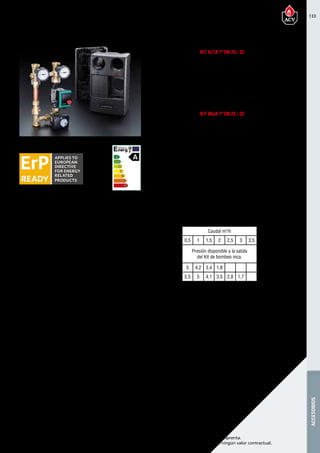 133
Encuentre las últimas características técnicas de nuestros aparatos en www.acv.com
Tarifa 2017 - Precio en Euros, sin IVA. Sujeto a cambios y errores de imprenta.
Los esquemas, las fotos y las dimensiones son dados a título indicativo y no tienen ningún valor contractual.
ACCESORIOS
Referencia Nombre Precio
10800294 Kit alta temperatura DN 25 clase A 810,00
10800295 Kit baja temperatura DN 25 clase A 965,00
10800296 Kit alta temperatura DN 32 clase A 820,00
XC2B0297 Kit baja temperatura DN 32 clase A 955,00
557A4027
Bomba de circulación primario
Prestige Solo/Heat Master TC
800,00
Accesorios
Referencia Nombre Precio
10800208 Colector dos circuitos DN 25 335,00
10800209 Colector tres circuitos DN 25 490,00
10800298 Colector dos circuitos DN 32 435,00
10800299 Colector tres circuitos DN 32 820,00
Descripción de LOS KITS DE BOMBEO
Kit alta Tª DN 25 / 32
Kit BAJA Tª DN 25 / 32
TABLA SELECCIÓN DE KIT DE BOMBEO
El kit incluye:
• Bomba de circulación Clase A
• 2 válvulas de corte
• 2 termómetros con  anti-retorno,
• Pieza distanciadora
• Válvula de bola de bomba con llenado y vaciado
• Aislamiento térmico
El kit incluye:
• Bomba de circulación Clase A
• 2 válvulas de corte
• Válvula de 3 vías con servomotor
• 2 termómetros con anti-retorno,
• Pieza distanciadora
• Válvula de bola de bomba con llenado y vaciado
• Aislamiento térmico
Caudal m3
/h
Modelo 0,5 1 1,5 2 2,5 3 3,5
Presión disponible a la salida
del Kit de bombeo mca.
DN 25 5 4,2 3,4 1,8
DN 32 5,5 5 4,1 3,5 2,8 1,7
Kits de bombeo circuitos de calefacción
 