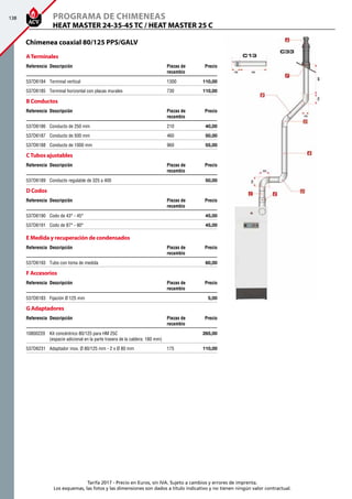 138
Tarifa 2017 - Precio en Euros, sin IVA. Sujeto a cambios y errores de imprenta.
Los esquemas, las fotos y las dimensiones son dados a título indicativo y no tienen ningún valor contractual.
ATerminales
Referencia Descripción Piezas de
recambio
Precio
537D6184 Terminal vertical 1300 110,00 
537D6185 Terminal horizontal con placas murales 730 110,00 
B Conductos
Referencia Descripción Piezas de
recambio
Precio
537D6186 Conducto de 250 mm 210 40,00 
537D6187 Conducto de 500 mm 460 50,00 
537D6188 Conducto de 1000 mm 960 55,00 
CTubos ajustables
Referencia Descripción Piezas de
recambio
Precio
537D6189 Conducto regulable de 325 a 400   50,00 
D Codos
Referencia Descripción Piezas de
recambio
Precio
537D6190 Codo de 43° - 45°   45,00 
537D6191 Codo de 87° - 90°   45,00 
E Medida y recuperación de condensados
Referencia Descripción Piezas de
recambio
Precio
537D6193 Tubo con toma de medida   60,00 
F Accesorios
Referencia Descripción Piezas de
recambio
Precio
537D6183 Fijación Ø 125 mm   5,00 
G Adaptadores
Referencia Descripción Piezas de
recambio
Precio
10800220 Kit concéntrico 80/125 para HM 25C
(espacio adicional en la parte trasera de la caldera: 180 mm)
  265,00 
537D6231 Adaptador inox. Ø 80/125 mm - 2 x Ø 80 mm 175 110,00 
HEAT MASTER 24-35-45 TC / HEAT MASTER 25 C
Programa de chimeneas
Chimenea coaxial 80/125 PPS/GALV
 
