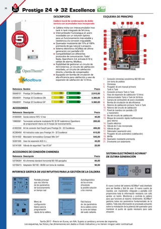30
Tarifa 2017 - Precio en Euros, sin IVA. Sujeto a cambios y errores de imprenta.
Los esquemas, las fotos y las dimensiones son dados a título indicativo y no tienen ningún valor contractual.
esquema de principio
Referencia Nombre Precio
05648101 Prestige 24 Excellence 2.910,00 
05648201 Prestige 32 Excellence GN 3.360,00 
03648201 Prestige 32 Excellence GP 3.360,00
Accesorios
Referencia Descripción Precio
A1002029 Sonda exterior NTC 12 kΩ 40,00 
10800361 Termostato ambiente modulante RC 35 RF inalámbrico Opentherm
de programación diaria con 6 franjas de funcionamiento.
200,00
A1002330 Kit de conexión fácil Easyfit para Prestige 24 - 32 Excellence 495,00
XC2B0450 Kit hidráulico solar para Prestige 24 - 32 Excellence 615,00
557A1032 Mezclador termostático Compact Mix 3/4” 545,00
55301300 Vaso de expansión ACS 5 L. 45,00 
557A1500 Válvula de seguridad 7 bar Ø 3/4” 25,00
Prestige 24 è 32 Excellence
Nuevo
diseño
A B
A B
1 2 3 4 5
6
7
8
9
10
11
12
13
14
15
16
17
18
19
20
21
1.	 Conexión chimenea concéntrica 60/100 mm
con toma de análisis
2.	 Chimenea
3.	 Purgador de aire manual primario
Tank in Tank
4.	 Conexión primario Tank in Tank
5.	 Vaso de expansión de calefacción 12 litros
6.	 Interacumulador Tank in Tank de 54 litros
7.	 Camara de combustión de acero inoxidable
8.	 Bomba de circulación de alta eficiencia
9.	 Retorno de calefacción primario Tank in Tank
10.	 Retorno del circuito de calefacción
11.	 Panel de mandos con pantalla LCD
y manómetro
12.	 Ida del circuito de calefacción
13.	 Bloque de conexión rápida multifuncional
para retorno
14.	 Cuadro eléctrico
15.	 Válvula de 3 vías incorporada
16.	 Válvula de gas
17.	 Silenciador (aspiración aire)
18.	 Purgador de aire automático (calefacción)
19.	 Mirilla
20.	 Quemador modulante premezcla
21.	 Envolvente con aislamiento
Accesorios de conexión chimenea
Referencia Descripción Precio
537D6354 Kit chimenea standard horizontal 60-100 pps/galva 85,00 
537D6415 Adaptador 60/100 - 80/80 con toma de medidas 90,00 
El nuevo control del sistema ACVMax®
está diseñado
para ser flexible y fácil de usar. El nuevo cuadro de
mandos con manómetro integrado y pantalla LCD
proporciona toda la información necesaria con solo
apretar un botón. Monitoriza y controla la caldera
para que funcione al máximo rendimiento. ACVMax®
gestiona todos los parámetros fundamentales de la
caldera. Toda esta información es procesada actuando
sobre la modulación de la potencia del quemador para
mantener el punto de ajuste necesario para cada
situación.
Sistema electrónico ACVMax®
de última generación
Descripción
Caldera mural de condensación de doble
servicio con acumulador inox incorporado
„„ Caldera mixta con interacumulador inox
tank in tank integrado de 54 Litros.
„„ Intercambiador humos/agua en acero
inoxidable con un volumen óptimo
para un funcionamiento más estable y
resistencia a la corrosión inigualable.
„„ Quemador modulante del 15% al 100%
premezcla de gas natural o propano.
„„ Sistema electrónico ACVMax de última
generación con pantalla LCD
„„ Compatibilidad con diferentes
protocolos de comunicación: Todo/
Nada, Opentherm 3.0, entrada 0-10 V,
salidas de alarma, Modbus.
„„ Posibilidad de gestionar un circuito de
ACS (interno), un circuito de calefacción
mezclado, un circuito de calefacción
directo, y bomba de compensador.
„„ Equipada con bomba de circulación de
alta eficiencia para calefacción y vaso de
expansión de calefacción de 12 litros.
A Ñ O SA Ñ O S
GARANTÍAEN
LA CÁMARA DE
COMBUSTIÓN
GARANTÍAEN
LA CÁMARA DE
COMBUSTIÓN
55
Pantalla principal
que nos informa
de los parámetros
de funcionamiento
en tiempo real
Autodiagnóstico
de los errores
ofreciendo
la posible solución
a los mismos
Menú de
configuración
básico para la
programación
rápida de la caldera.
Fácil lectura
de los parámetros
de la caldera como
la curva de trabajo
del suelo radiante.
INTERFACE GRÁFICA DE USO INTUITIVO PARA LA GESTIÓN DE LA CALDERA
A B
 