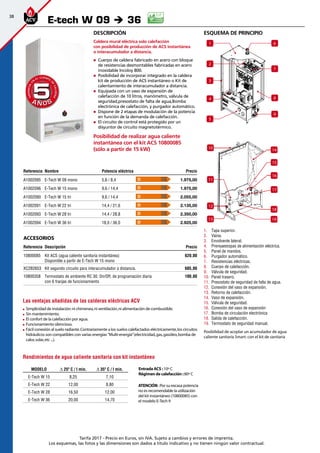 38
Tarifa 2017 - Precio en Euros, sin IVA. Sujeto a cambios y errores de imprenta.
Los esquemas, las fotos y las dimensiones son dados a título indicativo y no tienen ningún valor contractual.
esquema de principio
1
10
2
3
4
5
6
7
8
9
11
12
13
18
19
17
16
14
15
1.	 Tapa superior.
2.	 Vaina.
3.	 Envolvente lateral.
4.	 Prensaestopas de alimentación eléctrica.
5.	 Panel de mandos.
6.	 Purgador automático.
7.	 Resistencias eléctricas.
8.	 Cuerpo de calefacción.
9.	 Válvula de seguridad.
10.	 Panel trasero.
11.	 Presostato de seguridad de falta de agua.
12.	 Conexión del vaso de expansión.
13.	 Retorno de calefacción.
14.	 Vaso de expansión.
15.	 Válvula de seguridad.
16.	 Conexión del vaso de expansión
17.	 Bomba de circulación electrónica
18.	 Salida de calefacción.
19.	 Termostato de seguridad manual.
Posibilidad de acoplar un acumulador de agua
caliente sanitaria Smart: con el kit de sanitaria
Descripción
Caldera mural eléctrica solo calefacción
con posibilidad de producción de ACS instantánea
o interacumulador a distancia.
„„ Cuerpo de caldera fabricado en acero con bloque
de resistencias desmontables fabricadas en acero
inoxidable Incoloy 800.
„„ Posibilidad de incorporar integrado en la caldera
kit de producción de ACS instantáneo o Kit de
calentamiento de interacumulador a distancia.
„„ Equipada con un vaso de expansión de
calefacción de 10 litros, manómetro, válvula de
seguridad,presostato de falta de agua,Bomba
electrónica de calefacción, y purgador automático.
„„ Dispone de 2 etapas de modulación de la potencia
en función de la demanda de calefacción.
„„ El circuito de control está protegido por un
disyuntor de circuito magnetotérmico.
Posibilidad de realizar agua caliente
instantánea con el kit ACS 10800085
(sólo a partir de 15 kW)
Referencia Nombre Potencia eléctrica Precio
A1002095 E-Tech W 09 mono 5,6 / 8,4 1.975,00
A1002096 E-Tech W 15 mono 9,6 / 14,4 1.975,00
A1002090 E-Tech W 15 tri 9,6 / 14,4 2.055,00
A1002091 E-Tech W 22 tri 14,4 / 21,6 2.135,00
A1002093 E-Tech W 28 tri 14,4 / 28,8 2.350,00
A1002094 E-Tech W 36 tri 18,0 / 36,0 2.925,00
Accesorios
Referencia Descripción Precio
10800085 Kit ACS (agua caliente sanitaria instantánea)
Disponible a partir de E-Tech W 15 mono
620,00
XC2B2653 Kit segundo circuito para interacumulador a distancia. 605,00
10800358 Termostato de ambiente RC 30. On/Off, de programación diaria
con 6 franjas de funcionamiento
100,00
E-tech W 09 è 36
Las ventajas añadidas de las calderas eléctricas ACV
	 Simplicidad de instalación:ni chimenea,ni ventilación,ni alimentación de combustible.
	 Sin mantenimiento.
	 El confort de la calefacción por agua.
	Funcionamiento silencioso.
	Fácil conexión al suelo radiante.Contrariamente a los suelos calefactados eléctricamente,los circuitos
hidráulicos son compatibles con varias energías ”Multi-energía”(electricidad,gas,gasóleo,bomba de
calor,solar,etc ...).
Rendimientos de agua caliente sanitaria con kit instantáneo
Entrada ACS :10º C
Régimen de calefacción :80º C
ATENCIÓN :Por su excasa potencia
no es recomendable la utilización
del kit instantáneo (10800085) con
el modelo E-Tech 9
MODELO ∆ 25º C / l min. ∆ 35º C / l min.
E-Tech W 15 8,25 7,10
E-Tech W 22 12,00 8,80
E-Tech W 28 16,50 12,00
E-Tech W 36 20,00 14,70
D
D
D
D
D
D
A Ñ O SA Ñ O S
GARANTÍA
E
N
EL CUERPO
D
E
CALDERA
GARANTÍA
E
N
EL CUERPO
D
E
CALDERA
55
 