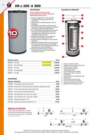 50
Tarifa 2017 - Precio en Euros, sin IVA. Sujeto a cambios y errores de imprenta.
Los esquemas, las fotos y las dimensiones son dados a título indicativo y no tienen ningún valor contractual.
esquema de principio
1.	 Entrada recirculación de ACS.
2.	 Purgador de aire manual circuito primario
3.	 Entrada de agua fría (AFCH).
4.	 Tapa de protección superior
de polipropileno negro
5.	 Vaina de ACS de acero inoxidable.
6.	 Aislamiento de 70mm. de espuma
de poliuretano
7.	 Envolvente exterio desmontable de vinilo.
8.	 Salida de ACS.
9.	 Entrada fluido al tanque primario.
10.	 Tanque de ACS de acero inoxidable
11.	 Tanque de primario de acero al carbono
12.	 Salida del fluido del tanque primario.
Referencia Nombre Precio
06632801 HR s 320 2.055,00
06510701 HR s 320 Duplex 3.045,00
06632901 HR s 600 3.065,00
06510801 HR s 600 Duplex 3.970,00
06633001 HR s 800 4.260,00
Accesorios
Referencia Descripción Precio
10800260 Kit termostato y termómetro para HRs. 95,00 
5476G003 Sonda NTC de 12 kΩ de caldera para la gestión de temperatura de ACS 35,00
10800178 Kit de conexión base de primario en batería HRs 405,00
10800181 Kit de conexión adicional en batería HRs 505,00 
55301600 Vaso de expansión 18 L. (Acum. 251 a 600 l.) 100,00
XC200067 Vaso de expansión 40 L. (Acum. 601 a 1000 l.) 130,00
55210900 Válvula de seguridad 7 bar Ø 1” 95,00
557A1034 Mezclador termostático Compact Mix 1 1/4” 870,00
HR s 320 è 800
9
7
1
8
2
3
4
11
12
10
5
6
Montaje en batería
Los HRs están concebidos para su montaje
en batería.ACV propone kits de conexión del
circuito primario en grupos de 2 o 3 unidades
o...(2 + 2,/2 + 3/3 + 3)
A + B
A B
Descripción
Interacumulador Inox Tank in Tank
de gran producción de ACS de aislamiento
desmontable. Posición suelo.
„„ Interacumualdor Tank in Tank de doble
envolvente total de gran superficie de
intercambio.
„„ Tanque interior de ACS fabricado en Acero
Inoxidable
„„ Tecnología de acumulador auto-basculante
que genera el efecto de autodesincrustación de
la cal disminuyendo el mantenimiento.
„„ En el modelo HR S 320 y 600 Duplex el tanque
interior de ACS está fabricado en en Acero
Inoxidable Uranus 45N apto para aguas de
hasta 2000 mg de cloruros /l.
„„ Diseñado para trabajar a temperaturas de
producción de ACS superiores a 70ºC.
„„ Incorpora sistema antifugas en las conexiones
hidráulicas.
„„ Aislamiento flexible de 100 mm en espuma de
poliuretano de celulas abiertas desmobtable
con acabado de vinilo que permite el acceso de
toda la gama por puerta de 800 mm.
„„ Dispone de conexión de recirculación,
y opcionalmente termostato de maniobra
y termómetro frontal.
C
C
 
