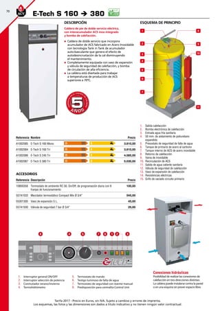 70
Tarifa 2017 - Precio en Euros, sin IVA. Sujeto a cambios y errores de imprenta.
Los esquemas, las fotos y las dimensiones son dados a título indicativo y no tienen ningún valor contractual.
esquema de principio
1.	 Salida calefacción
2.	 Bomba electrónica de calefacción
3.	 Entrada agua fría sanitaria
4.	 50 mm. de aislamiento de poliuretano
expandido
5.	 Presostato de seguridad de falta de agua
6.	 Tanque de primario de acero al carbono
7.	 Tanque interno de ACS de acero inoxidable
8.	 Retorno de calefacción
9.	 Vaina de inoxidable
10.	 Recirculación de ACS
11.	 Salida de agua caliente sanitaria
12.	 Válvula de seguridad de calefacción
13.	 Vaso de expansión de calefacción
14.	 Resistencias eléctricas
15.	 Grifo de vaciado circuito primario
Descripción
Caldera de pie de doble servicio eléctrica,
con interacumulador ACS inox integrado
y bomba de calefacción.
„„ Caldera de doble servicio que incorpora
acumulador de ACS fabricado en Acero Inoxidable
con tecnología Tank in Tank de acumulador
auto-basculante que genera el efecto de
autodesincrustación de la cal disminuyendo
el mantenimiento.
„„ Completamente equipada con vaso de expansión
y válvula de seguridad de calefacción, y bomba
de circulación de alta eficiencia.
„„ La caldera está diseñada para trabajar
a temperaturas de producción de ACS
superiores a 70ºC.
Referencia Nombre Precio
A1002085 E-Tech S 160 Mono 3.810,00 
A1002084 E-Tech S 160 Tri 3.810,00 
A1002086 E-Tech S 240 Tri 4.085,00 
A1002087 E-Tech S 380 Tri 5.030,00 
Accesorios
Referencia Descripción Precio
10800358 Termostato de ambiente RC 30. On/Off, de programación diaria con 6
franjas de funcionamiento
100,00
557A1032 Mezclador termostático Compact Mix Ø 3/4” 545,00
55301300 Vaso de expansión 5 L. 45,00
557A1500 Válvula de seguridad 7 bar Ø 3/4” 25,00
E-Tech S 160 è 380
A Ñ O SA Ñ O S
GARANTÍA
E
N
EL CUERPO
D
E
CALDERA
GARANTÍA
E
N
EL CUERPO
D
E
CALDERA
55
Conexiones hidráulicas
Posibilidad de realizar las conexiones de
calefacción en tres direcciones distintas:
La caldera puede instalarse contra la pared
o en una esquina sin prever espacio libre.
1.	 Interruptor general ON/OFF
2.	 Interruptor selección de potencia
3.	 Conmutador verano/invierno
4.	 Termohidrómetro
8 4 5 7 6 1 2 3
5.	 Termostato de mando
6.	 Testigo luminoso de falta de agua
7.	 Termostato de seguridad con rearme manual
8.	 Predisposición para centralita Control Unit
8
9
5
2
10
1
11
3
4
6
7
D
D
D
D
E
E
E
E
 