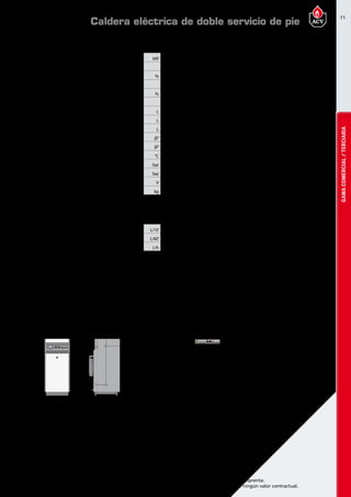 71
Encuentre las últimas características técnicas de nuestros aparatos en www.acv.com
Tarifa 2017 - Precio en Euros, sin IVA. Sujeto a cambios y errores de imprenta.
Los esquemas, las fotos y las dimensiones son dados a título indicativo y no tienen ningún valor contractual.
GAMACOMERCIAL/TERCIARIA
Dimensiones
Dimensionesy caracteristicastécnicas
Tipo ETS160Mono(HEP) ETS160(HEP) ETS240(HEP) ETS380(HEP)
Potencia útil a régimen máx. ( 80/60ºC) kW 14,4 14,4 28,8 28,8
Perfil de carga declarado  L L  XL  XXL 
Eficiencia energética en calentamiento de agua % 31 31 33 33
Clase de eficiencia energética en calentamiento de agua E E E E
Eficiencia energética estacional de calefacción % 37 37 37 37
Clase de eficiencia energética en calefacción D D D D
Capacidad total L 167 167 250 394
Capacidad de ACS L 99 99 164 263
Capacidad de primario L 68 68 86 131
Conexión ACS Ø” 3/4 M 3/4 M 3/4 F 6/4 F
Conexión de calefacción Ø” 1 F 1 F 1 M 1 M
Temperatura máxima de trabajo °C 85 85 85 85
Presión máxima (ACS) bar 10 10 10 10
Presión máxima (primario) bar 3 3 3 3
Voltaje V 1x230 + N 3x400 + N 3x400 + N 3x400 + N
Peso en vacío kg 115 115 155 230
Prestaciones ACS
Tipo ETS160Mono(HEP) ETS160(HEP) ETS240(HEP) ETS380(HEP)
Caudal punta a 40ºC L/10’ 356 356 545 875
Caudal punta 1ª hora a 40ºC L/60’ 700 700 1234 1564
Caudal continuo a 40 ºC L/h 413 413 827 827
Temperatura detrabajo
Parámetros de funcionamiento: Circuito Primario 80ºC; Entrada AFCH 10ºC;Tª Max de ACS 75ºC
Caldera eléctrica de doble servicio de pie
B C
G
F
A D
E
H
K
K
L
J
B
A
C
G
F
D
E
K
H
L
J
K
E-Tech S 160 - 240 E-Tech S 380
 