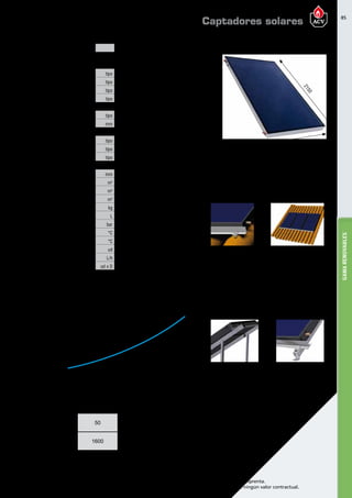 85
Encuentre las últimas características técnicas de nuestros aparatos en www.acv.com
Tarifa 2017 - Precio en Euros, sin IVA. Sujeto a cambios y errores de imprenta.
Los esquemas, las fotos y las dimensiones son dados a título indicativo y no tienen ningún valor contractual.
GAMARENOVABLES
modelo Helioplan DB
Código XC500024
Características constructivas
ABSORBEDOR
Configuración tipo Completo / Meandro con colector
Material tipo Aluminio
Soldadura tipo Laser
Tratamiento superficial tipo Blue Tec Selectivo Alta Eficiencia
AISLAMIENTO
Material tipo Lana Mineral
Espesor mm 40/20
ACABADOS
Cubierta de cristal tipo Templado bajo contenido FE
Carcasa de aluminio tipo Aluminio extruido
Sistema anticondensación tipo Ventilación inferior
Características técnicas
Alto x Ancho x Profundidad mm 2150 x 1171 x 83
Superficie total m2
2,517
Superficie apertura m2
2,404
Superficie absorción m2
2,314
Peso total en vacío kg 38
Capacidad total L 1,7
Presión máx. de trabajo bar 10
Temperatura máxima de trabajo °C 145
Temperatura estancamiento °C 208
Nª máx. colectores en paralelo ud 6
Caudal de trabajo por captador L/h 50
Conexiones ud x D 4 x 22
PÉRDIDA DE CARGA
Tª fluido = 20°C + 2°C
Caudal
L/h
50 100 150 200
Pérdida de carga
mmca
1600 4860 9790 16380
DETALLES DE FIJACIÓN
CUBIERTA PLANA
DETALLES DE FIJACIÓN
CUBIERTA INCLINADA
Caudales recomendados sombreados en gris
ESQUEMA DIMENSIONAL
1171
2150
83
30000
25000
20000
15000
10000
5000
0
22018015010050
Pérdidadecargammca
Caudal captador [L/h]
Captadores solares
 