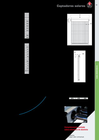 91
Encuentre las últimas características técnicas de nuestros aparatos en www.acv.com
Tarifa 2017 - Precio en Euros, sin IVA. Sujeto a cambios y errores de imprenta.
Los esquemas, las fotos y las dimensiones son dados a título indicativo y no tienen ningún valor contractual.
GAMARENOVABLES
ESQUEMA DIMENSIONAL
Completamente montado
sobre estructura de aluminio
UP15 UP20 UP30
A 1280 1630 2330
B 1120 1470 2170
modelo ACV UP 15 ACV UP 20 ACV UP 30
Código XC505549 XC505548 XC505547
Características constructivas
ABSORBEDOR
Configuración tipo Tubo de vacío / Flujo directo
Material tipo Vidrio
Tratamiento superficial tipo Triple capa / SS-AIN / CU
Diámetro ext./int. mm 37 / 35,4
Longitud del tubo mm 1500
AISLAMIENTO
Material tipo Poliuretano y Lana mineral
Espesor mm 40
Características técnicas ACV UP 15 ACV UP 20 ACV UP 30
Código XC505549 XC505548 XC505547
Nº tubos 15 20 30
Alto x Ancho x Profundidad mm 1660 x 1280 x 160 1660 x 1630 x 160 1660 x 2330 x 160
Superficie total m2
1,89 2,51 3,7
Superficie apertura m2
1,35 1,8 2,7
Superficie absorción m2
0,72 0,96 1,44
Peso total en vacío kg 38,3 50,6 75
Capacidad total L 1,065 1,4 2,3
Presión máxima de trabajo bar 6
Temperatura máxima de trabajo °C 95
Temperatura estancamiento °C 252
Caudal de trabajo L/h 67 - 81 90 - 108 135 - 160
Conexiones ud x D 2 x 22 mm
Ángulo respecto horizontal ° 0 - 90
PÉRDIDA DE CARGA
35
30
25
20
15
10
5
0
0 46,6 96,7 148,5 201,2 251,6 297,8
PC[mbar]
Caudal captador [L/h]
Captadores solares
 
