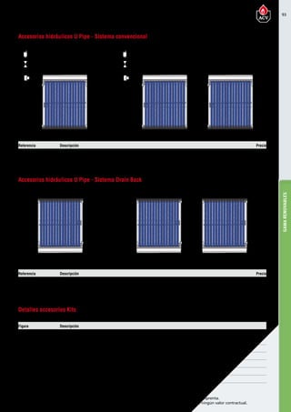 93
Encuentre las últimas características técnicas de nuestros aparatos en www.acv.com
Tarifa 2017 - Precio en Euros, sin IVA. Sujeto a cambios y errores de imprenta.
Los esquemas, las fotos y las dimensiones son dados a título indicativo y no tienen ningún valor contractual.
GAMARENOVABLES
Referencia Descripción Precio
XC600045 Kit Accesorios Batería U PIPE sistema convencional 55,00
XC600063 Kit accesorio unión U Pipe 5,00
Figura Descripción
1 Racor recto Latón H Ø 22 mm. - M 3/4”
2 T de Latón H-H-H 3/4”
3 Reducción M 3/4” H 1/2”
4 Llave de purgador 1/2” M-H
5 Purgador Solar automático 1/2” M
6 Codo compresión de Latón H-H Ø 22mm.
7 Codo compresión de Latón H-H Ø 22mm.
Accesorios hidráulicos U Pipe - Sistema convencional
Detalles accesorios Kits
5
4
3
2
1
1
Referencia Descripción Precio
XC600046 Kit Accesorios Batería U PIPE sistema Drain-Back 15,00
XC600063 Kit accesorio unión U Pipe 5,00
Accesorios hidráulicos U Pipe - Sistema Drain Back
…
6 66 6
…
5
4
3
2
1
1
Accesorios hidráulicos para U Pipe
 
