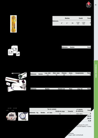 95
Encuentre las últimas características técnicas de nuestros aparatos en www.acv.com
Tarifa 2017 - Precio en Euros, sin IVA. Sujeto a cambios y errores de imprenta.
Los esquemas, las fotos y las dimensiones son dados a título indicativo y no tienen ningún valor contractual.
GAMARENOVABLES
A B
A: Temperatura 15°C a 105°C  Alimentación  220V 50 hz • Protección IP54 • Temperatura ambiente 5°C a 55°C
• Incorpora 2 sondas con cables de 1,2 m • En opción lectura de consumos a distancia • Duración batería +- 6 años.
B: Contador de agua hasta 90° C.Opción Bus.Presión máxima 10 bar.
Tipo de contador m2
máximo
de colectores
Precio
Referencia Fig. Nombre m3
/ hora
Pérdida de carga Conexión
bar ” (Inst. indiv.) €
XC600098 A CCS605 1,5 0,17 3/4” M 20 335,00
XC200102 A CCS605 2,5 0,17 1” M 50 355,00
XC600021 B CCS705 0,03 / 1,5 0,17 3/4” M - 75,00
Contador de calorías y caudales	
Accesorios circuitos hidráulicos
NET GEL SANIT, es un anticongelante a base de Mono Propileno
Glycol y de inhibidores de corrosión, autorizados para responder
a las exigencias de los textos legislativos publicados en la circular
del 26 de abril 1982 B.O.del 13 de junio 1982,emitido por el Minis-
terio de Asuntos Sociales y de la Solidaridad Nacional, Dirección
General de la Sanidad ( Francia ), relativo al tratamiento térmico
de las aguas destinadas al consumo humano Art.16 - 9 del regla-
mento sanitario departamental tipo.
Referencia Nombre Precio
XC600096 NET GEL SANIT 20 L. 170,00
XC600023 NET GEL SANIT 10 L. 95,00
XC600024 NET GEL SANIT 3 L. 40,00
El regulador de caudal se utiliza para ajuste y
equilibrado rápido y preciso del caudal en cada
uno de los circuitos hidráulicos. • Cuerpo de la-
tón • Lectura directa del caudal L/min en el indi-
cador. • Válvula de reglaje con escala. • Montaje
vertical / horizontal • Presión nominal 10 bar •
Temperatura de trabajo 100ºC máximo. • Preci-
sión de caudal nominal + - 10%
Referencia
Medidas Caudal Precio
Ø ” Ø ” DN L/min
mín
L/min
máx
€
XC600084 3/4 M 3/4 M 15 2,0 8,0 55,00
XC600083 1” M 1” M 20 8,0 30,0 110,00
RST-1
RST-2 y 4
RST-3
RST-2 y 4: Válida para instalaciones IP45.
Referencia Nombre
Long, resit. Diám. rosca Potencia Conec. Complementos Precio
mm “ M kW V €
10800081 RST-2 470 1 1/2” 3 230 mono
Con doble
termostato
275,00
10800084 RST-4 470 1 1/2” 6 400 tri 315,00
XC600103 RST-3 290 1 1/4” 1,5 230 mono 55,00
XC600005 RST-1 465 1 1/2” 3 x 1,5 230 mono - 305,00
Referencia Nombre Diámetro mm Rosca Long. mm Precio
XC600095 Ánodo de magnesio con téster 32 1 1/4 “ 700 90,00
XC600090 Ánodo de magnesio 32 1 1/4 ” 700 60,00
XC600100 Protección electrónica con 2 electrodos 375 200,00
Reguladores de caudal	
Net Gel Sanit	
Resistencias eléctricas (doméstico)
Electrodo de protección - Ánodo de magnesio - Ánodo de magnesio con téster
Descripción del producto
Descripción del producto
 
