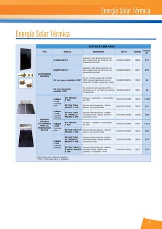 15
SISTEMAS SOLARES
TIPO MODELO DESCRIPCIÓN EAN-13 CÓDIGO
PRECIO
(€)
captadores
solares
ICARO VHM 2.1
Captador solar plano selectivo de
alto rendimiento, de 2,09 m2, con
disposición vertical
8028693838627 13280 615
ICARO VHM 2.7
Captador solar plano selectivo de
alto rendimiento, de 2,65 m2, con
disposición vertical
8028693838634 13281 655
Kit Icaro para modelos VHM*
Kit de 4 conexiones para modelos
VHM, incluye: tapones de cierre,
Conexión entrada y conexión salida
8028693838764 13282 65
Kit Icaro conexión
paneles VHM**
Kit conexión entre paneles VHM se
necesita usar N-1 kit por cada fila de
N captadores
8028693838771 13283 25
EQUIPOS
SOLARES
AUTÓNOMOS
PARA LA
PRODUCCIÓN
DE ACS
Perseo
F 250
Cubierta
plana
Kit Perseo
F 250
incluye: 2 captadores + acumulador
de 250 L
8430709132986 13298 1.750
Estructura
PERSEO F 250
Incluye: estructura para cubierta
plana + accesorios unión
8430709132993 13299 525
Perseo
F 250
Cubierta
inclinada
Estructura
CI Tornillo
Perseo F 250
Incluye: estructura para cubierta
inclinada unión a tejado tornillo +
accesorios unión
8430709133006 13300 550
Perseo
F 200
Cubierta
plana
Kit Perseo
F 200
incluye: 1 captador + acumulador
de 200 L
8430709132948 13294 1.225
Estructura CP
Perseo F 200
Incluye: estructura para cubierta
plana + accesorios unión
8430709132955 13295 350
Perseo
F 200
Cubierta
inclinada
Estructura
CI Tornillo
Perseo F 200
Incluye: estructura para cubierta
inclinada unión a tejado tornillo +
accesorios unión
8430709132962 13296 325
Estructura CI
Gancho Perseo
F 200
Incluye: estructura para cubierta
inclinada unión a tejado con
ganchos + accesorios unión
8430709132979 13297 325
Energía Solar Térmica
Energía Solar Térmica
* Pedir N Kids cada N filas de captadores
** Pedir N-I Kids cada fila de N captadores
 