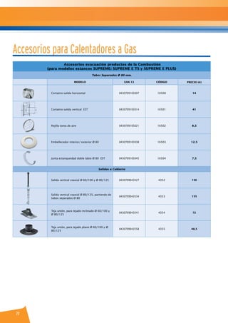20
Accesorios evacuación productos de la Combustión
(para modelos estancos SUPREME: SUPREME E TS y SUPREME E PLUS)
Tubos Separados Ø 80 mm.
MODELO EAN 13 CÓDIGO PRECIO (€)
Cortatiro salida horizontal 8430709165007 16500 14
Cortatiro salida vertical EST 8430709165014 16501 41
Rejilla toma de aire 8430709165021 16502 8,5
Embellecedor interior/ exterior Ø 80 8430709165038 16503 12,5
Junta estanqueidad doble labio Ø 80 EST 8430709165045 16504 7,5
Salidas a Cubierta
Salida vertical coaxial Ø 60/100 y Ø 80/125 8430709043527 4352 150
Salida vertical coaxial Ø 80/125, partiendo de
tubos separados Ø 80
8430709043534 4353 155
Teja unión, para tejado inclinado Ø 60/100 y
Ø 80/125
8430709043541 4354 72
Teja unión, para tejado plano Ø 60/100 y Ø
80/125
8430709043558 4355 48,5
Accesorios para Calentadores a Gas
 