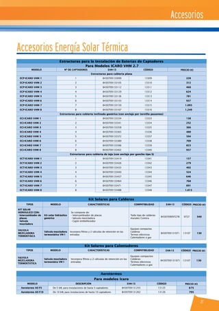 27
Accesorios
Accesorios Energía Solar Térmica
Kit Solares para Calentadores
TIPOS MODELO CARACTERÍSTICAS COMPATIBILIDAD EAN-13 CÓDIGO PRECIO (€)
VáLVULA
MEZCLADORA
TERMOSTÁTICA
Valvula mezcladora
termostáica VM-1
Incorpora filtros y 2 válvulas de retención en las
entradas
Equipos compactos
Calderas
Termos eléctricos
Calentadores a gas
8430709131071 13107 130
Aerotermos
Para modelos Icaro
modelo descripción ean-13 CÓDIGO PRECIO (€)
Aerotermo AE-F5 De 5 kW, para instalaciones de hasta 5 captadores 8430709131255 13125 675
Aerotermo AE-F10 De 10 kW, para instalaciones de hasta 10 captadores 8430709131262 13126 795
Estructuras para la Instalación de Baterías de Captadores
Para Modelos ICARO VHM 2.7
MODELO Nº DE CAPTADORES EAN-13 CÓDIGO PRECIO (€)
Estructuras para cubierta plana
ECP-ICARO VHM 1 1 8430709133099 13309 228
ECP-ICARO VHM 2 2 8430709133105 13310 312
ECP-ICARO VHM 3 3 8430709133112 13311 468
ECP-ICARO VHM 4 4 8430709133129 13312 624
ECP-ICARO VHM 5 5 8430709133136 13313 781
ECP-ICARO VHM 6 6 8430709133143 13314 937
ECP-ICARO VHM 7 7 8430709133150 13315 1.093
ECP-ICARO VHM 8 8 8430709133167 13316 1.249
Estructuras para cubierta inclinada genérica (con anclaje por tornillo pasantes)
ECI-ICARO VHM 1 1 8430709133334 13333 138
ECI-ICARO VHM 2 2 8430709133341 13334 252
ECI-ICARO VHM 3 3 8430709133358 13335 366
ECI-ICARO VHM 4 4 8430709133365 13336 480
ECI-ICARO VHM 5 5 8430709133372 13337 594
ECI-ICARO VHM 6 6 8430709133389 13338 709
ECI-ICARO VHM 7 7 8430709133396 13339 823
ECI-ICARO VHM 8 8 8430709133402 13340 937
Estructuras para cubierta de teja (con anclaje por gancho tipo S)
ECT-ICARO VHM 1 1 8430709133419 13341 157
ECT-ICARO VHM 2 2 8430709133426 13342 279
ECT-ICARO VHM 3 3 8430709133433 13343 402
ECT-ICARO VHM 4 4 8430709133440 13344 524
ECT-ICARO VHM 5 5 8430709133457 13345 646
ECT-ICARO VHM 6 6 8430709133464 13346 768
ECT-ICARO VHM 7 7 8430709133471 13347 891
ECT-ICARO VHM 8 8 8430709133488 13348 1.013
Kit Solares para Calderas
TIPOS MODELO CARACTERÍSTICAS COMPATIBILIDAD EAN-13 CÓDIGO PRECIO (€)
KIT SOLAR
HIDRÁULICO CON:
- Intercambiador de
placas
- Valvula
mezcladora
Kit solar hidráulico
genérico
Se compone de:
- Intercambiador de placas
- Valvula mezcladora
- Cajón embellecedor
Todo tipo de calderas
murales Cointra
8430709097278 9727 340
VALVULA
MEZCLADORA
TERMOSTÁICA
Válvula mezcladora
termostática VM-1
Incorpora filtros y 2 válvulas de retención en las
entradas
Equipos compactos
Calderas
Termos eléctricos
Calentadores a gas
8430709131071 13107 130
 