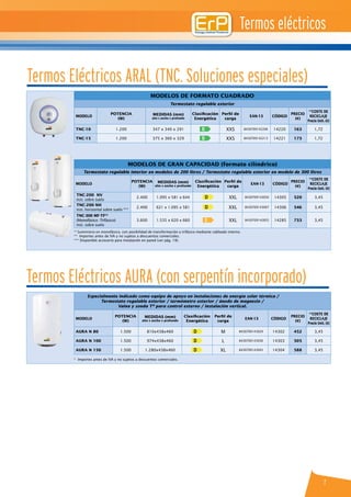 MODELOS DE GRAN CAPACIDAD (formato cilíndrico)
Termostato regulable interior en modelos de 200 litros / Termostato regulable exterior en modelo de 300 litros
MODELO
POTENCIA
(W)
MEDIDAS (mm)
alto x ancho x profundo
Clasificación
Energética
Perfil de
carga
EAN-13 CÓDIGO
PRECIO
(€)
**COSTE DE
RECICLAJE
Precio Unit. (€)
TNC-200 NV
inst. sobre suelo
2.400 1.095 x 581 x 644 D XXL 8430709143050 14305 520 3,45
TNC-200 NH
inst. horizontal sobre suelo ***
2.400 621 x 1.095 x 581 D XXL 8430709143067 14306 546 3,45
TNC-300 MF-TF(1)
(Monofásico -Trifásico)
inst. sobre suelo
3.600 1.535 x 620 x 660 e XXL 8430709142855 14285 733 3,45
Especialmente indicado como equipo de apoyo en instalaciones de energía solar térmica /
Termostato regulable exterior / termómetro exterior / ánodo de magnesio /
Vaina y sonda Tª para control externo / instalación vertical.
MODELO
POTENCIA
(W)
MEDIDAS (mm)
alto x ancho x profundo
Clasificación
Energética
Perfil de
carga
EAN-13 CÓDIGO
PRECIO
(€)
**COSTE DE
RECICLAJE
Precio Unit. (€)
AURA N 80 1.500 810x438x460 D M 8430709143029 14302 452 3,45
AURA N 100 1.500 974x438x460 D L 8430709143036 14303 505 3,45
AURA N 150 1.500 1.280x438x460 D XL 8430709143043 14304 588 3,45
Termos eléctricos
(1)
Suministro en monofásico, con posibilidad de transformación a trifásico mediante cableado interno.
** Importes antes de IVA y no sujetos a descuentos comerciales.
*** Disponible accesorio para instalación en pared (ver pág. 19).
Termos Eléctricos AURA (con serpentín incorporado)
* Importes antes de IVA y no sujetos a descuentos comerciales.
7
MODELOS DE formato cuadrado
Termostato regulable exterior
MODELO
POTENCIA
(W)
MEDIDAS (mm)
alto x ancho x profundo
Clasificación
Energética
Perfil de
carga
EAN-13 CÓDIGO
PRECIO
(€)
**COSTE DE
RECICLAJE
Precio Unit. (€)
TNC-10 1.200 347 x 340 x 291 B XXS 8430709142206 14220 163 1,72
TNC-15 1.200 375 x 360 x 329 B XXS 8430709142213 14221 173 1,72
Termos Eléctricos ARAL (TNC. Soluciones especiales)
 
