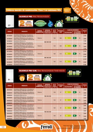 “Precio Franco Fábrica – Transporte NO INCLUIDO”.
Precio de venta de referencia sin IVA
Puesta en servicio incluida según “Condiciones generales de venta”1010
Calderas murales de condensación. Clase 5 en emisiones NOx
BLUEHELIX PRO. Mixta. Microacumulación
CÓDIGO PRODUCTO
CÁMARA
COMBUSTIÓN
MEDIDAS
(Alto/Ancho/
Fondo) (mm)
A.C.S.
(l/min,
∆Tª 25 ºC)
POTENCIA
(kW)
CLASE DE EFICIENCIA
PRECIO
eCALEFACCIÓN
A.C.S./PERFIL
DE DEMANDA
691100254
BLUEHELIX PRO 25 C N + Kit salida de
gases estándar Ø 60/100 condensación
Estanca
600 / 400 / 320
15,5 26,5 XL
1.750
691200254
BLUEHELIX PRO 25 C N + Kit salida de
gases reposición Ø 60/100 condensación
1.800
691000254 BLUEHELIX PRO 25 C N 1.700
691100253
BLUEHELIX PRO 25 C P + Kit salida de
gases estándar Ø 60/100 condensación
Estanca 15,5 26,5 XL
1.750
691200253
BLUEHELIX PRO 25 C P + Kit salida de
gases reposición Ø 60/100 condensación
1.800
691000253 BLUEHELIX PRO 25 C P 1.700
691100324
BLUEHELIX PRO 32 C N + Kit salida de
gases estándar Ø 60/100 condensación
Estanca
600 / 400 / 320
18,3 31,3 XL
2.176
691200324
BLUEHELIX PRO 32 C N + Kit salida de
gases reposición Ø 60/100 condensación
2.226
691000324 BLUEHELIX PRO 32 C N 2.126
691100323
BLUEHELIX PRO 32 C P + Kit salida de
gases estándar Ø 60/100 condensación
Estanca 18,3 31,3 XL
2.176
691200323
BLUEHELIX PRO 32 C P + Kit salida de
gases reposición Ø 60/100 condensación
2.226
691000323 BLUEHELIX PRO 32 C P 2.126
N = Natural P = Propano
Energy-related Products
Bomba
alta
eficiencia
BLUEHELIX PRO SLIM. Mixta. Microacumulación. Fondo reducido
CÓDIGO PRODUCTO
CÁMARA
COMBUSTIÓN
MEDIDAS
(Alto/Ancho/
Fondo) (mm)
A.C.S.
(l/min,
∆Tª 25 ºC)
POTENCIA
(kW)
CLASE DE EFICIENCIA
PRECIO
eCALEFACCIÓN
A.C.S./PERFIL
DE DEMANDA
695100254
BLUEHELIX PRO S 27 C N + Kit salida de
gases estándar Ø 60/100 condensación
Estanca
700 / 420 / 250
15,5 27 XL
1.550
695200254
BLUEHELIX PRO S 27 C N + Kit salida de
gases reposición Ø 60/100 condensación
1.600
695000254 BLUEHELIX PRO S 27 C N 1.500
695100253
BLUEHELIX PRO S 27 C P + Kit salida de
gases estándar Ø 60/100 condensación
Estanca 15,5 27 XL
1.550
695200253
BLUEHELIX PRO S 27 C P + Kit salida de
gases reposición Ø 60/100 condensación
1.600
695000253 BLUEHELIX PRO S 27 C P 1.500
695100324
BLUEHELIX PRO S 32 C N + Kit salida de
gases estándar Ø 60/100 condensación
Estanca
700 / 420 / 320
18,3 32 XL
1.904
695200324
BLUEHELIX PRO S 32 C N + Kit salida de
gases reposición Ø 60/100 condensación
1.954
695000324 BLUEHELIX PRO S 32 C N 1.854
695100323
BLUEHELIX PRO S 32 C P + Kit salida de
gases estándar Ø 60/100 condensación
Estanca 18,3 32 XL
1.904
695200323
BLUEHELIX PRO S 32 C P + Kit salida de
gases reposición Ø 60/100 condensación
1.954
695000323 BLUEHELIX PRO S 32 C P 1.854
N = Natural P = Propano
Energy-related Products
Bomba
alta
eficiencia
 