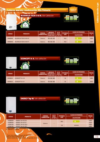 “Precio Franco Fábrica – Transporte NO INCLUIDO”.
Precio de venta de referencia sin IVA
Puesta en servicio incluida según “Condiciones generales de venta”
15
CalderasmuralesagasENERGY Top W. Solo calefacción
CÓDIGO PRODUCTO
CÁMARA
COMBUSTIÓN
A.C.S.
(l/min,
∆Tª 25 ºC)
POTENCIA
(kW)
CLASE DE EFICIENCIA
PRECIO
eCALEFACCIÓN
673000704 ENERGY Top W 70 N
Estanca –
69,9
4.470
673000703 ENERGY Top W 70 P 4.470
673001254 ENERGY Top W 125 N
123 HHHH
6.650
673001253 ENERGY Top W 125 P 6.650
N = Natural P = Propano
Energy-related Products
Calderas murales condensación Alta Potencia
Energy-related Products
ECONCEPT 51 A. Solo calefacción
CÓDIGO PRODUCTO
CÁMARA
COMBUSTIÓN
MEDIDAS
(Alto/Ancho/
Fondo) (mm)
A.C.S.
(l/min,
∆Tª 25 ºC)
POTENCIA
(kW)
CLASE DE EFICIENCIA
PRECIO
eCALEFACCIÓN
697000514 ECONCEPT 51 A N Estanca 720 / 630 / 380 – 53 3.950
697000513 ECONCEPT 51 A P Estanca 720 / 630 / 380 – 53 4.010
N = Natural P = Propano
Bomba
alta
eficiencia
Energy-related Products
BLUEHELIX TECH S 45 H. Sólo Calefacción
CÓDIGO PRODUCTO
CÁMARA
COMBUSTIÓN
MEDIDAS
(Alto/Ancho/
Fondo) (mm)
A.C.S.
(l/min,
∆Tª 25 ºC)
POTENCIA
(kW)
CLASE DE EFICIENCIA
PRECIO
eCALEFACCIÓN
694000454 BLUEHELIX TECH S 45 H N Estanca 700 / 420 / 320 – 45,6 3.529
694000453 BLUEHELIX TECH S 45 H P Estanca 700 / 420 / 320 – 45,6 3.529
N = Natural P = Propano
Bomba
alta
eficiencia
 