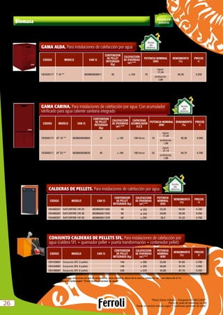 “Precio Franco Fábrica – Transporte NO INCLUIDO”.
Precio de venta de referencia sin IVA
Puesta en servicio incluida según “Condiciones generales de venta”2626
CODIGO MODELO EAN 13
CONTENEDOR
DE PELLET
INTEGRADO (Kg)
CALEFACCION
DE VIVIENDAS
(m2
) ***
POTENCIA
NOMINAL
(KW)
RENDIMIENTO
(%)
PRECIO
e
1B4400257 NATURFIRE HR 25 8028693811682 48 ≤ 202 23,30 94,50 4.185
1B4400307 NATURFIRE HR 30 8028693811545 68 ≤ 243 29,00 94,50 4.595
1B4400357 NATURFIRE HR 39 8028693811378 68 ≤ 295 38,3 91,32 4.750
CALDERAS DE PELLETS. Para instalaciones de calefacción por agua
*** Datos aproximados, en funcion de tipo de aislamiento, zona climatica, altura de la zona a calefactar, etc., con altura de 2,7 m
Bomba
alta
eficiencia
CODIGO MODELO EAN 13
CONTENEDOR
DE PELLET
INTEGRADO
(Kg)
CALEFACCION
DE VIVIENDAS
(m2
) ***
CAPACIDAD
ACUMULADOR
A.C.S
POTENCIA NOMINAL
(KW)
RENDIMIENTO
(%)
PRECIO
e
1B3500177 AT 18 ** 8028693828604 30 ≤ 150 100 litros 19
agua:
17,34
95,28 4.200
ambiente:
1,86
1B3500217 AT 23 ** 8028693828635 40 ≤ 180 100 litros 23
agua:
21,14
94,75 4.700
ambiente:
1,86
GAMA CARINA. Para instalaciones de calefacción por agua. Con acumulador
vitrificado para agua caliente sanitaria integrado
** mando a distancia incluido
*** datos aproximados, en funcion de tipo de aislamiento, zona climatica, altura de la zona a calefactar, etc.
Bomba
alta
eficiencia
CODIGO MODELO EAN 13
CONTENEDOR
DE PELLET
INTEGRADO
(Kg)
CALEFACCION
DE VIVIENDAS
(m2
) ***
POTENCIA NOMINAL
(KW)
RENDIMIENTO
(%)
PRECIO
e
1B3420177 T 18 ** 8028693828611 30 ≤ 150 19
agua:
17,34
95,28 3.250
ambiente:
1,86
GAMA ALDA. Para instalaciones de calefacción por agua
** mando a distancia incluido
*** datos aproximados, en funcion de tipo de aislamiento, zona climatica, altura de la zona a calefactar, etc.
Bomba
alta
eficiencia
Biomasa
Incluída
PUESTA EN
SERVICIO
CODIGO MODELO EAN 13
CONTENEDOR
DE PELLET
INTEGRADO (Kg)
CALEFACCION
DE VIVIENDAS
(m2
) ***
POTENCIA
NOMINAL
(KW)
RENDIMIENTO
(%)
PRECIO
e
1B4103007 Conjunto SFL 3 pellet 140 ≤ 200 22,00 87,60 2.780
1B4104007 Conjunto SFL 4 pellet 140 ≤ 255 30,00 87,70 2.955
1B4106007 Conjunto SFL 6 pellet 238 ≤ 370 42,00 87,70 3.765
*** Datos aproximados, en funcion de tipo de aislamiento, zona climatica, altura de la zona a calefactar, etc., con altura de 2,7 m
Puesta en servicio incluida según “Condiciones generales de venta”
CONJUNTO CALDERAS DE PELLETS SFL. Para instalaciones de calefacción por
agua (caldera SFL + quemador pellet + puerta transformación + contenedor pellet)
 