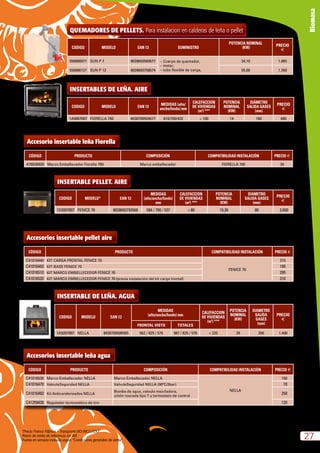 “Precio Franco Fábrica – Transporte NO INCLUIDO”.
Precio de venta de referencia sin IVA
Puesta en servicio incluida según “Condiciones generales de venta”
27
Biomasa
CODIGO MODELO EAN 13 SUMINISTRO
POTENCIA NOMINAL
(KW)
PRECIO
e
550000077 SUN P 7 8028693565677 – Cuerpo de quemador,
– motor,
– tubo flexible de carga,
34,10 1.065
550000127 SUN P 12 8028693758574 55,00 1.260
QUEMADORES DE PELLETS. Para instalacion en calderas de leña o pellet
CODIGO MODELO EAN 13
MEDIDAS (alto/
ancho/fondo) mm
CALEFACCION
DE VIVIENDAS
(m2
) ***
POTENCIA
NOMINAL
(KW)
DIÁMETRO
SALIDA GASES
(mm)
PRECIO
e
1A9007007 FIORELLA 700 8430709504677 610/700/432  100 14 160 680
INSERTABLES DE LEÑA. AIRE
*** Datos aproximados, en funcion de tipo de aislamiento, zona climatica, altura de la zona a calefactar, etc., con altura de 2,7 m
Accesorio insertable leña Fiorella
CÓDIGO PRODUCTO COMPOSICIÓN COMPATIBILIDAD INSTALACIÓN PRECIO e
A76026920 Marco Embellecedor Fiorella 700 Marco embellecedor FIORELLA 700 35
CODIGO MODELO EAN 13
MEDIDAS
(alto/ancho/fondo) mm
CALEFACCION
DE VIVIENDAS
(m2
) ***
POTENCIA
NOMINAL
(KW)
DIAMETRO
SALIDA
GASES
(mm)
PRECIO
e
FRONTAL VISTO TOTALES
1A9207007 NELLA 8430709506565 562 / 825 / 576 987 / 825 / 576  225 29 200 1.400
INSERTABLE DE LEÑA. AGUA
*** Datos aproximados, en función de tipo de asialmineto, zona climatica, altura de la vivienda, etc.,
Accesorios insertable leña agua
CÓDIGO PRODUCTO COMPOSICIÓN COMPATIBILIDAD INSTALACIÓN PRECIO e
C41016530 Marco Embellecedor NELLA Marco Embellecedor NELLA
NELLA
150
C41016470 ValvulaSeguridad NELLA ValvulaSeguridad NELLA (90ºC/3bar) 70
C41016460 Kit Anticondensados NELLA
Bomba de agua, valvula mezcladora,
unión roscada tipo T y termostato de control
250
C41259430 Regulador termostático de tiro 120
CODIGO MODELO* EAN 13
MEDIDAS
(alto/ancho/fondo)
mm
CALEFACCION
DE VIVIENDAS
(m2
) ***
POTENCIA
NOMINAL
(KW)
DIAMETRO
SALIDA GASES
(mm)
PRECIO
e
1D2007007 FENICE 70 8028693793568 584 / 700 / 537  80 10,36 80 2.650
INSERTABLE PELLET. AIRE
* Con mando a distancia incorporado					
*** Datos aproximados, en función de tipo de asialmineto, zona climatica, altura de la vivienda, etc.,
Accesorios insertable pellet aire
CÓDIGO PRODUCTO COMPATIBILIDAD INSTALACIÓN PRECIO e
C41016440 KIT CARGA FRONTAL FENICE 70
FENICE 70
215
C41016450 KIT BASE FENICE 70 195
C41016510 KIT MARCO EMBELLECEDOR FENICE 70 295
C41016520 KIT MARCO EMBELLECEDOR FENICE 70 (previa instalación del kit carga frontal) 310
 