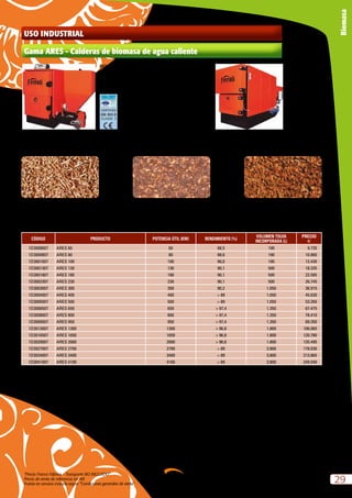 “Precio Franco Fábrica – Transporte NO INCLUIDO”.
Precio de venta de referencia sin IVA
Puesta en servicio incluida según “Condiciones generales de venta”
29
Biomasa
Gama ARES - Calderas de biomasa de agua caliente
USO INDUSTRIAL
CÓDIGO PRODUCTO POTENCIA ÚTIL (KW) RENDIMIENTO (%)
VOLUMEN TOLVA
INCORPORADA (L)
PRECIO
e
1D3000607 ARES 60 60 88,5 190 9.735
1D3000807 ARES 80 80 88,6 190 10.860
1D3001007 ARES 100 100 90,0 190 12.430
1D3001307 ARES 130 130 90,1 500 18.335
1D3001807 ARES 180 180 90,1 500 22.585
1D3002307 ARES 230 230 90,1 500 26.745
1D3003007 ARES 300 300 90,2 1.050 36.915
1D3004007 ARES 400 400  89 1.050 45.630
1D3005007 ARES 500 500  89 1.050 53.350
1D3006507 ARES 650 650  97,4 1.350 67.475
1D3008007 ARES 800 800  97,4 1.350 78.410
1D3009507 ARES 950 950  97,4 1.350 89.350
1D3013007 ARES 1300 1300  96,8 1.800 106.065
1D3016507 ARES 1650 1650  96,8 1.800 120.780
1D3020007 ARES 2000 2000  96,8 1.800 135.495
1D3027007 ARES 2700 2700  89 3.800 178.030
1D3034007 ARES 3400 3400  89 3.800 213.865
1D3041007 ARES 4100 4100  89 3.800 249.540
* Puesta en servicio incluida en modelos de hasta 400 kW *Los conceptos incluidos en la Puesta en Servicio son la mano de obra necesaria para poner en servicio la caldera en un periodo
máximo de 6 horas, a una distancia máxima desde núcleo urbano no superior a 20 Km en poblaciones superiores a 30.000 habitantes.
PELLET ORUJILLO CÁSCARAS DE FRUTOS
MODELOS 60 - 100
(con cuadro electrónico opcional)
MODELOS 130 - 4100
(cuadro eléctrico no incluido)
 