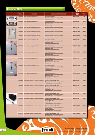 “Precio Franco Fábrica – Transporte NO INCLUIDO”.
Precio de venta de referencia sin IVA
Puesta en servicio incluida según “Condiciones generales de venta”3030
Accesorios ARES
CÓDIGO PRODUCTO OBSERVACIONES/PRESTACIONES
VÁLIDO
PARA
PRECIO e
C41016550 Panel de control electronico F 1 Encendido automático,
Mantenimiento de quemador encendido,
Modulacion llama,
ARES 60-100 995
C41016560 Panel de control electronico F 2 Encendido automático,
Mantenimiento de quemador encendido,
Modulacion llama
Sonda lambda,
ARES 60-100 2.415
C41016570 Panel de control electromecánico F 3 Mantenimiento de quemador encendido ARES 130-500 6.035
C41016580 Panel de control electromecánico F 4 Mantenimiento de quemador encendido ARES 650-2000 8.300
C41016590 Panel de control electromecánico F 5 Mantenimiento de quemador encendido ARES 2700-4100 12.070
C41016600 Panel de control electrónico F 6 Encendido automático,
Mantenimiento de quemador encendido,
Modulacion llama,
Predisposición para telecontrol
ARES 130-500 9.810
C41016610 Panel de control electrónico F 7 Encendido automático,
Mantenimiento de quemador encendido,
Modulacion llama,
Predisposición para telecontrol
ARES 650-2000 14.335
C41016620 Panel de control electrónico F 8 Encendido automático,
Mantenimiento de quemador encendido,
Modulacion llama,
Predisposición para telecontrol
ARES 2700-4100 22.635
C41016630 Panel de control electrónico F 9 Encendido automático,
Mantenimiento de quemador encendido,
Modulacion llama,
Predisposición para telecontrol
Sonda lambda
ARES 130-500 12.070
C41016640 Panel de control electrónico F 10 Encendido automático,
Mantenimiento de quemador encendido,
Modulacion llama,
Predisposición para telecontrol
Sonda lambda
ARES 650-2000 17.350
C41016650 Panel de control electrónico F 11 Encendido automático,
Mantenimiento de quemador encendido,
Modulacion llama,
Predisposición para telecontrol
Sonda lambda
ARES 2700-4100 25.650
C41016660 Extractor de limpieza de cenizas automático Eficiencia de limpieza 60 - 70%
Numero maximo de extractores posibles: 2
Precio indicado de extractor unitario
ARES 60-100 1.360
C41016670 Extractor de limpieza de cenizas automático Eficiencia de limpieza 60 - 70%
Numero maximo de extractores posibles:
modelo 130: 1
modelos 180 y 230: 2
Precio indicado de extractor unitario
ARES 130-230 2.265
C41016680 Extractor de limpieza de cenizas automático Eficiencia de limpieza 60 - 70%
Numero maximo de extractores posibles: 2
Precio indicado de extractor unitario
ARES 300-500 2.865
C41016690 Extractor de limpieza de cenizas automático Eficiencia de limpieza 60 - 70%
Numero maximo de extractores posibles:
modelos 650 y 800: 2
modelo 950: 3
Precio indicado de extractor unitario
ARES 650-950 3.245
C41016700 Extractor de limpieza de cenizas auto Eficiencia de limpieza 60 - 70%
Numero maximo de extractores posibles:
modelo 1300: 2
modelos 1650 y 2000: 3
Precio indicado de extractor unitario
ARES 1300-2000 3.620
C41016710 Extractor de limpieza de cenizas autom Eficiencia de limpieza 60 - 70%
Numero maximo de extractores posibles: 3
Precio indicado de extractor unitario
ARES 2700-4100 4.525
 