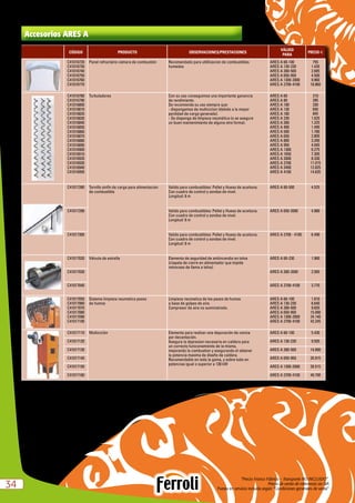 “Precio Franco Fábrica – Transporte NO INCLUIDO”.
Precio de venta de referencia sin IVA
Puesta en servicio incluida según “Condiciones generales de venta”3434
Accesorios ARES A
CÓDIGO PRODUCTO OBSERVACIONES/PRESTACIONES
VÁLIDO
PARA
PRECIO e
C41016720
C41016730
C41016740
C41016750
C41016760
C41016770
Panel refractário cámara de combustión Recomendado para utililizacion de combustibles
humedos
ARES A 60-100
ARES A 130-230
ARES A 300-500
ARES A 650-950
ARES A 1300-2000
ARES A 2700-4100
755
1.420
2.685
4.500
9.960
18.860
C41016780
C41016790
C41016800
C41016810
C41016820
C41016830
C41016840
C41016850
C41016860
C41016870
C41016880
C41016890
C41016900
C41016910
C41016920
C41016930
C41016940
C41016950
Turbuladores Con su uso conseguimos una importante ganancia
de rendimiento.
Se recomienda su uso siempre que:
- dispongamos de multiciclon (debido a la mayor
perdidad de carga generada).
- Se disponga de limpieza neumática (o se asegure
un buen mantenimiento de alguna otra forma).
ARES A 60
ARES A 80
ARES A 100
ARES A 130
ARES A 180
ARES A 230
ARES A 300
ARES A 400
ARES A 500
ARES A 650
ARES A 800
ARES A 950
ARES A 1300
ARES A 1650
ARES A 2000
ARES A 2700
ARES A 3400
ARES A 4100
210
285
330
650
845
1.025
1.225
1.495
1.780
2.805
3.395
4.045
6.275
7.305
8.330
11.015
12.825
14.635
C41017280 Tornillo sinfín de carga para alimentacion
de combustible
Valido para combustibles: Pellet y Hueso de aceituna.
Con cuadro de control y sondas de nivel.
Longitud: 6 m
ARES A 60-500 4.525
C41017290 Valido para combustibles: Pellet y Hueso de aceituna.
Con cuadro de control y sondas de nivel.
Longitud: 6 m
ARES A 650-2000 4.980
C41017300 Valido para combustibles: Pellet y Hueso de aceituna.
Con cuadro de control y sondas de nivel.
Longitud: 6 m
ARES A 2700 - 4100 6.490
C41017020 Válvula de estrella Elemento de seguridad de antiincendio en tolva
(clapeta de cierre en alimentador que impide
retroceso de llama a tolva)
ARES A 60-230 1.960
C41017030 ARES A 300-2000 2.565
C41017040 ARES A 2700-4100 3.770
C41017050
C41017060
C41017070
C41017080
C41017090
C41017100
Sistema limpieza neumatica pasos
de humos
Limpieza neumatica de los pasos de humos
a base de golpes de aire.
Compresor de aire no suministrado.
ARES A 60-100
ARES A 130-230
ARES A 300-500
ARES A 650-950
ARES A 1300-2000
ARES A 2700-4100
1.810
6.640
9.655
15.090
24.140
42.245
C41017110 Multiciclón Elemento para realizar una depuración de ceniza
por decantación.
Asegura la depresion necesaria en caldera para
un correcto funiconamiento de la misma,
mejorando la combustion y asegurando el obtener
la potencia maxima de diseño de caldera.
Recomendable en toda la gama, y sobre todo en
potencias igual o superior a 130 kW
ARES A 60-100 5.430
C41017120 ARES A 130-230 9.505
C41017130 ARES A 300-500 14.890
C41017140 ARES A 650-950 20.915
C41017150 ARES A 1300-2000 28.515
C41017160 ARES A 2700-4100 49.790
 