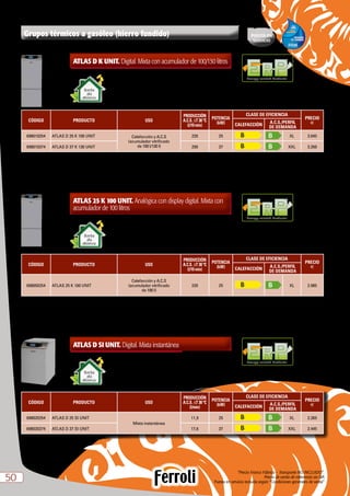“Precio Franco Fábrica – Transporte NO INCLUIDO”.
Precio de venta de referencia sin IVA
Puesta en servicio incluida según “Condiciones generales de venta”5050
Grupos térmicos a gasóleo (hierro fundido)
ATLAS D K UNIT. Digital. Mixta con acumulador de 100/130 litros
CÓDIGO PRODUCTO USO
PRODUCCIÓN
A.C.S. DT 30 ºC
(l/10 min)
POTENCIA
(kW)
CLASE DE EFICIENCIA
PRECIO
eCALEFACCIÓN
A.C.S./PERFIL
DE DEMANDA
698010254 ATLAS D 25 K 100 UNIT Calefacción y A.C.S
(acumulador vitrificado
de 100 l/130 l)
220 25 XL 3.045
698010374 ATLAS D 37 K 130 UNIT 250 37 XXL 3.350
Energy-related ProductsGama sin vaso de expansión en A.C.S
ni llave de llenado
Bomba
alta
eficiencia
ATLAS 25 K 100 UNIT. Analógica con display digital. Mixta con
acumulador de 100 litros
CÓDIGO PRODUCTO USO
PRODUCCIÓN
A.C.S. DT 30 ºC
(l/10 min)
POTENCIA
(kW)
CLASE DE EFICIENCIA
PRECIO
eCALEFACCIÓN
A.C.S./PERFIL
DE DEMANDA
698050254 ATLAS 25 K 100 UNIT
Calefacción y A.C.S
(acumulador vitrificado
de 100 l)
220 25 XL 2.985
Energy-related Products
ATLAS D SI UNIT. Digital. Mixta instantánea
CÓDIGO PRODUCTO USO
PRODUCCIÓN
A.C.S. DT 30 ºC
(l/min)
POTENCIA
(kW)
CLASE DE EFICIENCIA
PRECIO
eCALEFACCIÓN
A.C.S./PERFIL
DE DEMANDA
698020254 ATLAS D 25 SI UNIT
Mixta instantánea
11,9 25 XL 2.265
698020374 ATLAS D 37 SI UNIT 17,6 37 XXL 2.445
Energy-related Products
Gama sin vaso de expansión en A.C.S
ni llave de llenado
Bomba
alta
eficiencia
Bomba
alta
eficiencia
 