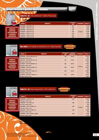 “Precio Franco Fábrica – Transporte NO INCLUIDO”.
Precio de venta de referencia sin IVA
Puesta en servicio incluida según “Condiciones generales de venta”
53
Grupostérmicosagasóleo(hierrofundido)
GN2 N L 2S. Sólo calefacción. Caldera Presurizada
CÓDIGO PRODUCTO
POTENCIA
(kW)
QUEMADOR PRECIO e
344700062 GN2 N 06 L 2S 107
2 etapas
4.745
344700072 GN2 N 07 L 2S 126 5.095
344700082 GN2 N 08 L 2S 144 5.445
344700102 GN2 N 10 L 2S 180 6.165
344700112 GN2 N 11 L 2S 198 6.520
344700132 GN2 N 13 L 2S 234 7.480
344700142 GN2 N 14 L 2S 252 7.840
Caldera homologada como baja temperatura según directiva 92/42 CEE. Tª mínima de retorno  45 ºC
Posibilidad de suministro de caldera desmontada. Solución óptima para reposición de salas de calderas Consultar códigos y precios.
Se suministra caldera y quemador por separado.
Grupos térmicos a gasóleo (hierro fundido)
GN 4 BT3 L. Tres estrellas de rendimiento (HHH). Baja temperatura
CÓDIGO PRODUCTO
POTENCIA
(kW)
EFICIENCIA
ENERGÉTICA QUEMADOR PRECIO e
381001302 GN4 BT3 06/130 L 2S 130 HHH
2 etapas
9.310
Montaje caldera neto 482
381001702 GN4 BT3 07/170 L 2S 170 HHH 10.255
Montaje caldera neto 543
381002502 GN4 BT3 09/250 L 2S 250 HHH 11.975
Montaje caldera neto 695
381003002 GN4 BT3 10/300 L 2S 300 HHH 13.930
Montaje caldera neto 763
381004002 GN4 BT3 12/400 L 2S 399 HHH 16.305
Montaje caldera neto 920
381005302 GN4 BT3 14/530 L 2S 530 HHH 18.795
Montaje caldera neto 1.082
ESPECIAL BAJA TEMPERATURA
3 PASOS DE HUMOS REALES:
La caldera GN4 BT3 se suministra desmontada.
Se suministra caldera y quemador por separado.
GN4 N L 2S. Baja temperaratura. Sólo calefacción
CÓDIGO PRODUCTO
POTENCIA
(kW)
QUEMADOR PRECIO e
358702002 GN4 N 07 L 2S 200
2 etapas
9.670
Montaje caldera neto 543
358703002 GN4 N 09 L 2S 300 11.280
Montaje caldera neto 695
358703602 GN4 N 10/360 L 2S 360 13.650
Montaje caldera neto 763
358704802 GN4 N 12/480 L 2S 480 15.820
Montaje caldera neto 920
358706502 GN4 N 14/650 L 2S650 650 19.105
Montaje caldera neto 1.082
Caldera homologada como baja temperatura según directiva 92/42 CEE. Tª mínima de retorno  30 ºC
La caldera GN4 se suministra desmontada.
Se suministra caldera y quemador por separado.
ESPECIAL BAJA TEMPERATURA
3 PASOS DE HUMOS REALES:
NOTA:
Según R.I.T.E., para potencias superiores a 400 kW, es necesario trabajar con quemadores modulantes o 3 etapas
NOTA:
Según R.I.T.E., para potencias superiores a 400 kW, es necesario trabajar con quemadores modulantes o 3 etapas
Caldera homologada como baja temperatura según directiva 92/42 CEE. Tª mínima de retorno  30 ºC
Incluída
PUESTA EN
SERVICIO
PRODUCTO
DESTINADO
EXCLUSIVAMENTE
A PROCESOS
INDUSTRIALES
PRODUCTO
DESTINADO
EXCLUSIVAMENTE
A PROCESOS
INDUSTRIALES
(hasta 400 kW)
PRODUCTO
DESTINADO
EXCLUSIVAMENTE
A PROCESOS
INDUSTRIALES
(hasta 400 kW)
 