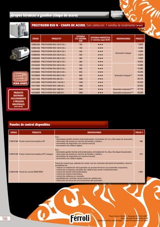 “Precio Franco Fábrica – Transporte NO INCLUIDO”.
Precio de venta de referencia sin IVA
Puesta en servicio incluida según “Condiciones generales de venta”5656
Grupos térmicos a gasóleo (chapa de acero)
PREXTHERM RSH N - CHAPA DE ACERO. Solo calefacción. 3 estrellas de rendimiento (HHH)
CÓDIGO PRODUCTO*
POTENCIA
ÚTIL MÁXIMA
(kW)
EFICIENCIA ENERGÉTICA
(nº estrellas según 92/42)
OBSERVACIONES PRECIO e
1D9001002 PREXTHERM RSH 100 N 2S L 100 HHH
Quemador 2 etapas
4.870
1D9001502 PREXTHERM RSH 150 N 2S L 150 HHH 5.780
1D9002002 PREXTHERM RSH 200 N 2S L 200 HHH 6.505
1D9002502 PREXTHERM RSH 250 N 2S L 250 HHH 8.810
1D9003002 PREXTHERM RSH 300 N 2S L 300 HHH 9.530
1D9003602 PREXTHERM RSH 360 N 2S L 360 HHH 10.635
1D9104202 PREXTHERM RSH 420 N 3S L 420 HHH
Quemador 3 etapas**
12.460
1D9105002 PREXTHERM RSH 500 N 3S L 500 HHH 14.280
1D9106502 PREXTHERM RSH 650 N 3S L 650 HHH 16.245
1D9108002 PREXTHERM RSH 800 N 3S L 800 HHH 18.430
1A3711002 PREXTHERM RSH 900 3S L 1060 HHH 20.775
1A3713002 PREXTHERM RSH 1100 3S L 1250 HHH 22.225
1A5713002 PREXTHERM RSH 1300 3S L 1480 HHH 26.420
1A2416002 PREXTHERM RSH 1600 M L 1845 HHH Quemador progresivo*** 37.770
1A2420002 PREXTHERM RSH 2000 M L 2360 HHH Quemador progresivo*** 44.220
Caldera homologada como baja temperatura según directiva 92/42 CEE.
Tª mínima de retorno  50 ºC
* Se suministran en 2 bultos: caldera + quemador.
** Usar panel de control BT 3 etapas
*** Se puede hacer modulante mediante el Panel de Control EBM o el Kit de modulación de temperatura.
Estética 100-1300
Estética 1600-2000
Incluída
PUESTA EN
SERVICIO
CÓDIGO PRODUCTO OBSERVACIONES PRECIO e
C16015180 Panel control termostático BT
Con:
- termostato gestión bomba anticondensados, termostato de 1ra y 2da etapa de quemador,
- interruptor de puesta en marcha de bomba y caldera,
- termostato de seguridad con rearme manual,
- termometro de caldera digital.
480
C16015190 Panel control termostático BT 3 etapas
Con:
- termostato gestión bomba anticondensados, termostato de 1ra, 2da y 3ra etapa de quemador,
- interruptor de puesta en marcha de bomba y caldera,
- termostato de seguridad con rearme manual,
- termometro de caldera digital.
515
C16015150 Panel de control EBM RSW
Panel de control que, además de contar con los controles del panel termostático, tiene la
posibilidad de:
- realizar la modulación del quemador en grupos térmicos con quemador progresivo,
- control de arranques y paradas de caldera para evitar condensaciones
- control de bomba anticondensados,
- control de valvula mezcladora,
- control de calderas en cascada,
- posibilidad de controlar varias zonas de calefacción,
- indicación de horas de funcionamiento del quemador.
1.850
Paneles de control disponibles
PRODUCTO
DESTINADO
EXCLUSIVAMENTE
A PROCESOS
INDUSTRIALES
(hasta 400 kW)
 