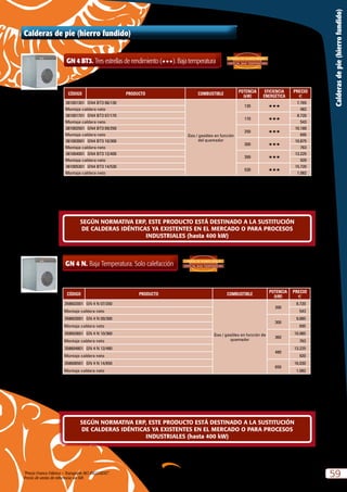 “Precio Franco Fábrica – Transporte NO INCLUIDO”.
Precio de venta de referencia sin IVA
59
Calderasdepie(hierrofundido)
SEGÚN NORMATIVA ERP, ESTE PRODUCTO ESTÁ DESTINADO A LA SUSTITUCIÓN
DE CALDERAS IDÉNTICAS YA EXISTENTES EN EL MERCADO O PARA PROCESOS
INDUSTRIALES (hasta 400 kW)
SEGÚN NORMATIVA ERP, ESTE PRODUCTO ESTÁ DESTINADO A LA SUSTITUCIÓN
DE CALDERAS IDÉNTICAS YA EXISTENTES EN EL MERCADO O PARA PROCESOS
INDUSTRIALES (hasta 400 kW)
GN 4 N. Baja Temperatura. Solo calefacción
CÓDIGO PRODUCTO COMBUSTIBLE
POTENCIA
(kW)
PRECIO
e
358602001 GN 4 N 07/200
Gas / gasóleo en función de
quemador
200
8.720
Montaje caldera neto 543
358603001 GN 4 N 09/300
300
9.885
Montaje caldera neto 695
358603601 GN 4 N 10/360
360
10.985
Montaje caldera neto 763
358604801 GN 4 N 12/480
480
13.225
Montaje caldera neto 920
358606501 GN 4 N 14/650
650
16.030
Montaje caldera neto 1.082
Caldera homologada como baja temperatura según directiva 92/42 CEE.
Tª mínima de retorno  30 ºC
La caldera GN4 se suministra desmontada.
NOTA:
Según R.I.T.E.:
a) para potencias superiores a 70 kW, es necesario trabajar con quemadores de 2 etapas, o quemadores modulantes,
b) para potencias superiores a 400 kW, es necesario trabajar con quemadores de 3 etapas o quemadores modulantes,
ESPECIAL BAJA TEMPERATURA
3 PASOS DE HUMOS REALES:
Calderas de pie (hierro fundido)
GN 4 BT3. Tres estrellas de rendimiento (HHH). Baja temperatura
CÓDIGO PRODUCTO COMBUSTIBLE
POTENCIA
(kW)
EFICIENCIA
ENERGÉTICA
PRECIO
e
381001301 GN4 BT3 06/130
Gas / gasóleo en función
del quemador
130 HHH
7.765
Montaje caldera neto 482
381001701 GN4 BT3 07/170
170 HHH
8.720
Montaje caldera neto 543
381002501 GN4 BT3 09/250
250 HHH
10.180
Montaje caldera neto 695
381003001 GN4 BT3 10/300
300 HHH
10.875
Montaje caldera neto 763
381004001 GN4 BT3 12/400
399 HHH
13.225
Montaje caldera neto 920
381005301 GN4 BT3 14/530
530 HHH
15.720
Montaje caldera neto 1.082
La caldera GN4 BT3 se suministra desmontada.
NOTA:
Según R.I.T.E.:
a) para potencias superiores a 70 kW, es necesario trabajar con quemadores de 2 etapas, o quemadores modulantes.
b) para potencias superiores a 400 kW, es necesario trabajar con quemadores de 3 etapas o quemadores modulantes.
Caldera homologada como baja temperatura según directiva 92/42 CEE.
Tª mínima de retorno  30 ºC
ESPECIAL BAJA TEMPERATURA
3 PASOS DE HUMOS REALES:
 
