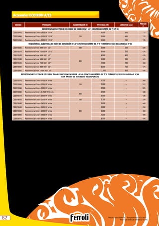“Precio Franco Fábrica – Transporte NO INCLUIDO”.
Precio de venta de referencia sin IVA8282
Accesorios ECOIRON A/ES
CÓDIGO PRODUCTO ALIMENTACIÓN (V) POTENCIA (W) LONGITUD (mm)
PRECIO
e
RESISTENCIA ELÉCTRICA DE COBRE DE CONEXIÓN 1 1/4” CON TERMOSTATO DE Tª. IP 20
C23015470 Resistencia Cobre 1500 W 1 1/4”
230
1.500 300 115
C23015480 Resistencia Cobre 2000 W 1 1/4” 2.000 400 125
C23015490 Resistencia Cobre 3000 W 1 1/4” 3.000 700 135
RESISTENCIA ELÉCTRICA DE INOX DE CONEXIÓN 1 1/2” CON TERMOSTATO DE Tª Y TERMOSTATO DE SEGURIDAD. IP 55
C23015500 Resistencia Inox 3000 W 1 1/2” 230 3.000 320 320
C23015510 Resistencia Inox 3 3000 W 1 1/2”
400
3.000 350 425
C23015520 Resistencia Inox 4000 W 1 1/2” 4.000 400 435
C23015530 Resistencia Inox 5000 W 1 1/2” 5.000 500 445
C23015540 Resistencia Inox 7500 W 1 1/2” 7.500 700 460
C23015550 Resistencia Inox 9000 W 1 1/2” 9.000 700 475
C23015560 Resistencia Inox 12000 W 1 1/2” 12.000 850 495
RESISTENCIA ELÉCTRICA DE COBRE PARA CONEXIÓN EN BRIDA 120/180 CON TERMOSTATO DE Tª Y TERMOSTATO DE SEGURIDAD. IP 44.
CON ÁNODO DE MAGNESIO INCORPORADO
C23015570 Resistencia Cobre 1700 W brida
230
1.700 – 300
C23015580 Resistencia Cobre 2000 W brida 2.000 – 315
C23015590 Resistencia Cobre 2500 W brida 2.500 – 325
C23015600 Resistencia Cobre 3 2500 W brida
400
2.500 – 430
C23015610 Resistencia Cobre 3000 W brida 3.000 – 435
C23015620 Resistencia Cobre 3300 W brida 230 3.300 – 330
C23015630 Resistencia Cobre 3800 W brida
400
3.800 – 440
C23015640 Resistencia Cobre 5000 W brida 5.000 – 450
C23015650 Resistencia Cobre 6000 W brida 6.000 – 460
C23015660 Resistencia Cobre 7500 W brida 7.500 – 480
C23015670 Resistencia Cobre 9900 W brida 9.900 – 495
 