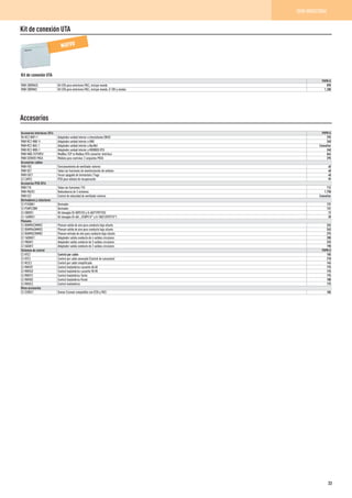 Kit de conexión UTA
Kit de conexión UTA
PVPR ¤
PAW-280PAH2L Kit UTA para exteriores PACi, incluye mando 890
PAW-280PAH2 Kit UTA para exteriores PACi, incluye mando, 0-10V y sondas 1.280
Accesorios
Accesorios interfaces 2014 PVPR ¤
PA-RC2-WIFI-1 Adaptador unidad interior a Intesishome (Wifi) 295
PAW-RC2-KNX-1i Adaptador unidad interior a KNX 340
PAW-RC2-BAC-1 Adaptador unidad interior a BacNet Consultar
PAW-RC2-MBS-1 Adaptador unidad interior a MODBUS RTU 340
PAW-MBS-TCP2RTU ModBus TCP to Modbus RTU converter interface 845
PAW-SERVER-PKEA Módulo para controlar 2 conjuntos PKEA 295
Accesorios cables
PAW-FDC Funcionamiento de ventilador externo 48
PAW-OCT Todas las funciones de monitorización de señales 48
PAW-EXCT Forzar apagado de termostato / Fuga 48
CZ-CAPE2 PCB para válvula de recuperación 99
Accesorios PCB 2014
PAW-T10 Todas las funciones T10 112
PAW-PACR3 Redundancia de 3 sistemas 1.750
PAW-ECF Control de velocidad de ventilador externo Consultar
Derivadores y colectores
CZ-P155BK1 Derivador 131
CZ-P3HPC2BM Derivador 131
CZ-50DRS1 Kit desagüe (U-50PE1E5 y U-60/71PEY1E5) 12
CZ-140DRS1 Kit desagüe (U-60/…/250PE1E* y U-100/125PEY1E*) 20
Plenums
CZ-DUMPA22MMS2 Plenum salida de aire para conducto baja silueta 325
CZ-DUMPA45MMS3 Plenum salida de aire para conducto baja silueta 345
CZ-DUMPA22MMR2 Plenum entrada de aire para conducto baja silueta 275
CZ-160DAF2 Adaptador salida conducto de 4 salidas circulares 280
CZ-90DAF2 Adaptador salida conducto de 3 salidas circulares 225
CZ-56DAF2 Adaptador salida conducto de 2 salidas circulares 190
Sistemas de control PVPR ¤
CZ-RTC2 Control por cable 105
CZ-RTC3 Control por cable avanzado (Control de consumos) 218
CZ-RE2C2 Control por cable simplificado 145
CZ-RWSY2 Control Inalámbrico cassette 60:60 175
CZ-RWSU2 Control Inalámbrico cassette 90:90 175
CZ-RWST2 Control Inalámbrico Techo 175
CZ-RWSK2 Control Inalámbrico Pared 100
CZ-RWSC2 Control inalámbrico 175
Otros accesorios
CZ-CENSC1 Sensor Econavi compatible con ECOi y PACi 185
NUEVO
33
SEMI-INDUSTRIAL
 