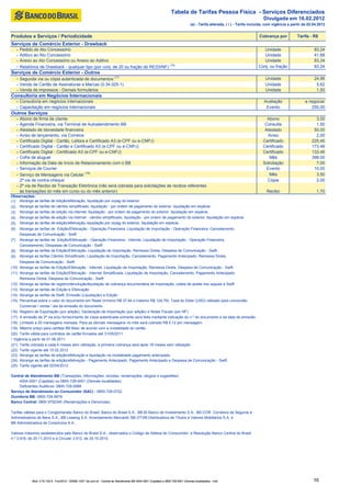 Tabela de Tarifas Pessoa Física - Serviços Diferenciados
                                                                                                                                                                                       Divulgada em 16.02.2012
                                                                                                                                          (a) - Tarifa alterada, ( i ) - Tarifa incluída, com vigência a partir de 02.04.2012


Produtos e Serviços / Periodicidade                                                                                                                                                 Cobrança por            Tarifa - R$
Serviços de Comércio Exterior - Drawback
      -   Pedido de Ato Concessório                                                                                                                                                   Unidade                         83,24
      -   Aditivo ao Ato Concessório                                                                                                                                                  Unidade                         41,68
      -   Anexo ao Ato Concessório ou Anexo ao Aditivo                                                                                                                                Unidade                         83,24
      -   Relatórios de Drawback - qualquer tipo (por conj. de 20 ou fração de RE/DI/NF) (16)                                                                                       Conj. ou fração                   83,24
Serviços de Comércio Exterior - Outros
      - Segunda via ou cópia autenticada de documentos (17)                                                                                                                             Unidade                       24,96
      - Venda de Cartão de Assinaturas e Marcas (0.34.025-1)                                                                                                                            Unidade                        5,62
      - Venda de impressos - Demais formulários                                                                                                                                         Unidade                        1,50
Consultoria em Negócios Internacionais
      - Consultoria em negócios internacionais                                                                                                                                         Avaliação                a negociar
      - Capacitação em negócios internacionais                                                                                                                                          Evento                     250,00
Outros Serviços
      - Abono de firma de cliente                                                                                                                                                       Abono                         3,00
      - Agenda Financeira, via Terminal de Autoatendimento BB                                                                                                                          Consulta                       1,50
      - Atestado de idoneidade financeira                                                                                                                                              Atestado                      50,00
      - Aviso de lançamento, via Correios                                                                                                                                                Aviso                        2,00
      - Certificado Digital - Cartão, Leitora e Certificado A3 (e-CPF ou e-CNPJ)                                                                                                      Certificado                   225,40
      - Certificado Digital - Cartão e Certificado A3 (e-CPF ou e-CNPJ)                                                                                                               Certificado                   173,48
      - Certificado Digital - Certificado A3 (e-CPF ou e-CNPJ)                                                                                                                        Certificado                   133,46
      - Cofre de aluguel                                                                                                                                                                 Mês                        399,00
      - Informação da Data de Início de Relacionamento com o BB                                                                                                                       Solicitação                     7,00
      - Serviços de Courier                                                                                                                                                             Evento                       10,00
                                              (18)
      - Serviço de Mensagens via Celular                                                                                                                                                 Mês                          3,50
        2ª via de contra-cheque                                                                                                                                                         Cópia                         2,00
      - 2ª via de Recibo de Transação Eletrônica (não será cobrada para solicitações de recibos referentes
        às transações do mês em curso ou do mês anterior)                                                                                                                                Recibo                        1,70
Observações:
(1) Abrange as tarifas de edição/efetivação, liquidação por orpag do exterior.
(2) liquidação em espécie,
    Abrange as tarifas de câmbio simplificado, liquidação - por ordem de pagamento do exterior, liquidação em espécie.
(3) Abrange as tarifas de edição via internet, liquidação - por ordem de pagamento do exterior, liquidação em espécie.
(4) Abrange as tarifas de edição via internet - câmbio simplificado, liquidação - por ordem de pagamento do exterior, liquidação em espécie.
(5) Abrange as tarifas de edição/efetivação, liquidação por orpag do exterior, liquidação em espécie.
(6)       Abrange as tarifas de Edição/Efetivação - Operação Financeira, Liquidação de Importação - Operação Financeira, Cancelamento,
          Despesas de Comunicação - Swift
(7)       Abrange as tarifas de Edição/Efetivação - Operação Financeira - Internet, Liquidação de Importação - Operação Financeira,
          Cancelamento, Despesas de Comunicação - Swift
(8)       Abrange as tarifas de Edição/Efetivação, Liquidação de Importação, Remessa Direta, Despesa de Comunicação - Swift.
(9)       Abrange as tarifas Câmbio Simplificado, Liquidação de Importação, Cancelamento, Pagamento Antecipado, Remessa Direta,
     Despesa de Comunicação - Swift
(10) Abrange as tarifas de Edição/Efetivação - Internet, Liquidação de Importação, Remessa Direta, Despesa de Comunicação - Swift.
(11) Abrange as tarifas de Edição/Efetivação - Internet Simplificada, Liquidação de Importação, Cancelamento, Pagamento Antecipado,
     Remessa Direta, Despesa de Comunicação - Swift
(12) Abrange as tarifas de registro/devolução/liquidação de cobrança documentária de importação, coleta de aceite nos saques e Swift
(13) Abrange as tarifas de Edição e Efetivação
(14) Abrange as tarifas de Swift, Emissão (Liquidação) e Edição
(15) Percentual sobre o valor do documento em Reais (mínimo R$ 37,44 e máximo R$ 124,79). Taxa do Dólar (USD) utilizado para conversão:
     Comercial / venda / dia da emissão do documento.
(16) Registro de Exportação (por adição), Declaração de Importação (por adição) e Notas Fiscais (por NF).
(17) A emissão de 2ª via e/ou fornecimento de cópia autenticada somente será feita mediante indicação do n.º do documento e da data de emissão.
(18) Limitado a 20 mensagens mensais. Para as demais mensagens no mês será cobrado R$ 0,12 por mensagem.
(19) Mesmo preço para cartões BB Besc de acordo com a modalidade do cartão.
(20) Tarifa válida para contratos de cartão firmados até 31/05/2011.
* Vigência a partir de 01.06.2011.
(21) Tarifa cobrada a cada 6 meses sem utilização, a primeira cobrança será após 18 meses sem utilização.
(22) Tarifa vigente até 15.02.2012
(23) Abrange as tarifas de edição/efetivação e liquidação na modalidade pagamento antecipado.
(24) Abrange as tarifas de edição/efetivação - Pagamento Antecipado, Pagamento Antecipado e Despesa de Comunicação - Swift.
(25) Tarifa vigente até 02/04/2012

Central de Atendimento BB (Transações, informações, dúvidas, reclamações, elogios e sugestões)
     4004-0001 (Capitais) ou 0800-729-0001 (Demais localidades)
     Deficientes Auditivos: 0800-729-0088
Serviço de Atendimento ao Consumidor (SAC) : 0800-729-0722
Ouvidoria BB: 0800-729-5678
Banco Central: 0800 9792345 (Reclamações e Denúncias)

Tarifas válidas para o Conglomerado Banco do Brasil: Banco do Brasil S.A., BB-BI Banco de Investimento S.A., BB-COR Corretora de Seguros e
Administradora de Bens S.A., BB Leasing S.A. Arrendamento Mercantil, BB DTVM Distribuidora de Títulos e Valores Mobiliários S.A. e
BB Administradora de Consórcios S.A..

Valores máximos estabelecidos pelo Banco do Brasil S.A., observados o Código de Defesa do Consumidor, a Resolução Banco Central do Brasil
n.º 3.919, de 25.11.2010 e a Circular 3.512, de 25.10.2010.




                 Mod. 0.70.152-5 - Fev/2012 - SISBB 1247- bb.com.br - Central de Atendimento BB 4004 0001 (Capitais) e 0800 729 0001 (Demais localidades) - mdt                                                      10
 