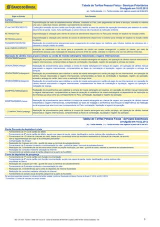 Tabela de Tarifas Pessoa Física - Serviços Prioritários
                                                                                                                                                                                  Divulgada em 16.02.2012
                                                                                                                                     (a) - Tarifa alterada, ( i ) - Tarifa incluída, com vigência a partir de 02.04.2012


        Sigla no Extrato                                                                                                          Fato Gerador

Cartões
ANUIDADENacional                          Disponibilização de rede de estabelecimentos afiliadas, instalada no País, para pagamentos de bens e serviços, cobrada no máximo
                                          uma vez a cada doze meses, admitido o parcelamento da cobrança.
2ª via-CARTÃOCRÉDITO                      Confecção e emissão de novo cartão com função crédito, restrito a casos de pedidos de reposição formulados pelo detentor do cartão,
                                          decorrente de perda, roubo, furto,danificação e outros motivos não imputáveis à instituição emitente.
RETIRADA-País                             Disponibilização e utilização pelo cliente de canais de atendimento disponíveis no País para retirada em espécie na funcção crédito.

                                          Disponibilização e utilização pelo clientes de canais de atendimento disponíveis no exterior para retirada em espécie na função crédito
RETIRADA-exterior
                                          ou débito.
PAGAMENTOCONTAS                           Realização de procedimentos operacionais para o pagamento de contas (água, luz, telefone, gás, tributos, boletos de cobrança, etc.),
                                          utilizando a função crédito do cartão.
AVAL.EMERG.CRÉDITO
                                          Avaliação de viabilidade e de riscos para a concessão de crédito em caráter emergencial, a pedido do cliente, por meio de
                                          atendimento pessoal, para realização de despesa acima do limite do cartão, cobrada no máximo uma vez nos últimos trinta dias.

Operação de câmbio manual para compra ou venda de moeda estrangeira relacionada a viagens internacionais
VENDACÂMBIOespécie
                                          Realização de procedimentos para viabilizar a venda de moeda estrangeira em espécie, em operação de câmbio manual relacionada a
                                          viagens internacionais, compreendidas as fases de contratação e liquidação, registro da operação e entrega da moeda.
VENDACÂMBIOcheque                         Realização de procedimentos para viabilizar a venda de moeda estrangeira em cheque de viagem, em operação de câmbio manual
                                          relacionada a viagens internacionais, compreendidas as fases de contratação e liquidação, registro da operação e entrega dos
                                          cheques.
VENDACÂMBIOprépagoemi                     Realização de procedimentos para viabilizar a venda de moeda estrangeira em cartão pré-pago de uso internacional, em operação de
                                          câmbio manual relacionada a viagens internacionais, compreendidas as fases de contratação e liquidação, registro da operação,
                                          emissão e entrega do cartão, bem como a realização da carga inicial.
VENDACÂMBIOprépagorec                     Realização de procedimentos para viabilizar a venda de moeda estrangeira em cartão pré-pago de uso internacional, em operação de
                                          câmbio manual relacionada a viagens internacionais, compreendidas as fases de contratação e liquidação, registro da operação e
                                          realização da recarga.

COMPRACÂMBIOespécie                       Realização de procedimentos para viabilizar a compra de moeda estrangeira em espécie, em operação de câmbio manual relacionada
                                          a viagens internacionais, compreendidas as fases de recepção e conferência da moeda estrangeira na dependência da instituição ou
                                          de empresa que atua como seu correspondente no País, contratação, liquidação e registro da operação.


COMPRACÂMBIOcheque                        Realização de procedimentos para viabilizar a compra de moeda estrangeira em cheque de viagem, em operação de câmbio manual
                                          relacionada a viagens internacionais, compreendidas as fases de recepção e conferência dos cheques na dependência da instituição
                                          ou de empresa que atua como seu correspondente no País, contratação, liquidação e registro da operação.

                                          Realização de procedimentos para viabilizar a compra de moeda estrangeira em cartão pré-pago, em operação de câmbio manual
  COMPRACÂMBIOprépago
                                          relacionada a viagens internacionais, compreendidas as fases de contratação, liquidação e registro da operação.


                                                                                                                             Tabela de Tarifas Pessoa Física - Serviços Essenciais
                                                                                                                                                                                  Divulgada em 16.02.2012
                                                                                                                                     (a) - Tarifa alterada, ( i ) - Tarifa incluída, com vigência a partir de 02.04.2012

Conta Corrente de depósitos à vista
   - Fornecimento de 1ª via de cartão de débito
   - Fornecimento de 2ª via de cartão de débito, exceto nos casos de perda, roubo, danificação e outros motivos não imputáveis ao Banco
   - Fornecimento de 10 folhas de cheques por mês, desde que o correntista reúna os requisitos necessários à utilização de cheques, de acordo
     com a regulamentação em vigor e as condições pactuadas*
   - Compensação de cheque
   - Realização de 4 saques por mês - guichê de caixa ou terminal de autoatendimento
   - Fornecimento de 2 extratos contendo a movimentação do mês - guichê de caixa / terminal de autoatendimento
   - Realização de 2 transferências de recursos entre contas na própria instituição, por mês - guichê de caixa, internet ou terminal de autoatendimento
   - Realização de consultas mediante utilização da Internet
   - Fornecimento do extrato anual de tarifas (disponível a partir de fev/2009)
Conta de depósitos de poupança
   - Fornecimento de 1ª via de cartão com função movimentação
   - Fornecimento de 2ª via de cartão com função movimentação, exceto nos casos de perda, roubo, danificação e outros motivos não
     imputáveis ao Banco
   - Realização de 2 saques por mês - guichê de caixa ou terminal de autoatendimento
   - Fornecimento de 2 extratos contendo a movimentação do mês
   - Realização de 2 transferências para conta de depósitos de mesma titularidade
   - Realização de consultas mediante utilização da Internet
   - Fornecimento do extrato anual de tarifas (disponível a partir de fev/2009)
Os serviços essenciais possuem a cobrança de tarifas vedada, conforme Resolução do Banco Central do Brasil nº 3.919, de 25/11/2010.
* Fornecidas 12 folhas de cheques por tempo limitado.




            Mod. 0.70.152-5 - Fev/2012 - SISBB 1247- bb.com.br - Central de Atendimento BB 4004 0001 (Capitais) e 0800 729 0001 (Demais localidades) - mdt                                                        3
 