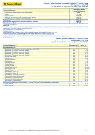 Pacote Padronizado de Serviços Prioritários - Pessoa Física
                                                                                                                                                                                   Divulgada em 16.02.2012
                                                                                                                                      (a) - Tarifa alterada, ( i ) - Tarifa incluída, com vigência a partir de 02.04.2012

                                                                                                                                                                                      Composição Mensal
Produtos e Serviços
                                                                                                                                                                                      Pacote Padronizado
  - Confecção de cadastro para início de relacionamento                                                                                                                                         Isento
                                                                                                                                                                                                          (1)
  - Saque*                                                                                                                                                                                   8 por mês
  - Extrato mensal*                                                                                                                                                                           4 por mês
  - Extrato do período referente ao mês imediatamente anterior                                                                                                                                2 por mês
  - Transferência entre contas da mesma instituição*                                                                                                                                          4 por mês
Tarifa Mensal                                                                                                                                                                                 R$ 13,50
Somatório das Tarifas Avulsas (excluídos os eventos gratuitos)                                                                                                                                R$ 15,00
Economia para o cliente                                                                                                                                                                        R$ 1,50
* Incluídos os eventos gratuitos
Observações:
(1) A franquia inclui os saques nos Terminais Eletrônicos da Rede Compartilhada e no Banco 24 Horas. O somatório dos saques no guichê de caixa, Terminais Eletrônicos da Rede
Compartilhada e no Banco 24 Horas está limitado a 4 transações.
Valor da tarifa mensal sujeito a alteração.
Informações Gerais:
a) disponível para contas de depósitos à vista , conforme Resolução do Banco Central do Brasil nº 3.919, de 25.11.2010;
b) transações que excederem os limites estabelecidos serão tarifadas de acordo com a tabela de tarifas em vigor;
c) adesão ou alteração de modalidade será válida somente a partir do 1º dia do mês seguinte ao que for efetivada;
d) opção de débito da tarifa entre os dias 5 e 25. Não havendo saldo suficiente no dia escolhido, o débito será efetuado em qualquer dia posterior,
em que houver saldo.
                                                                                                                                                  Demais Pacotes de Serviços - Pessoa Física
                                                                                                                                                                                   Divulgada em 16.02.2012
                                                                                                                                      (a) - Tarifa alterada, ( i ) - Tarifa incluída, com vigência a partir de 02.04.2012


Produtos e Serviços                                                                                                                                                             Cobrança por             Tarifa - R$
Pacotes de Serviços
   -   Modalidade 5 (exclusiva para contas vinculadas ao prefixo 4329-X)                                                                                                              Mês                          9,90
   -   Modalidade 10 (suspensa para novas adesões)                                                                                                                                    Mês                         11,00
   -   Modalidade 20 (suspensa para novas adesões)                                                                                                                                    Mês                         19,60
   -   Modalidade 30 (suspensa para novas adesões)                                                                                                                                    Mês                         31,70
   -   Modalidade 40 (suspensa para novas adesões)                                                                                                                                    Mês                         31,35
   -   Pacote Conta Digital                                                                                                                                                           Mês                        Isento
   -   Pacote Jovem                                                                                                                                                                   Mês                        Isento
   -   Pacote Universitário                                                                                                                                                           Mês                          3,80
   -   Pacote Mais                                                                                                                                                                    Mês                          5,50
   -   Pacote Econômico                                                                                                                                                               Mês                         11,90
   -   Pacote Especial                                                                                                                                                                Mês                         19,70
   -   Pacote Completo                                                                                                                                                                Mês                         27,90
   -   Pacote Estilo Completo                                                                                                                                                         Mês                         30,00 (i)
   -   Pacote Estilo Total                                                                                                                                                            Mês                         45,00 (i)
   -   Pacote Private                                                                                                                                                                 Mês                         80,00
   -   Pacote Bônus Celular 15                                                                                                                                                        Mês                         15,00
   -   Pacote Bônus Celular 25                                                                                                                                                        Mês                         25,00
   -   Pacote Bônus Ambiental Universitário                                                                                                                                           Mês                         10,00
   -   Pacote Bônus Ambiental Econômico                                                                                                                                               Mês                         15,00
   -   Pacote Bônus Ambiental Especial                                                                                                                                                Mês                         25,00
   -   Pacote Bônus Ambiental Completo                                                                                                                                                Mês                         32,00
   -   Pacote Bônus Ambiental Pleno                                                                                                                                                   Mês                         45,00
Assinantes do Autoatendimento BB (BB Personal Banking) (suspenso para novas adesões)
   - Conta principal                                                                                                                                                                  Mês                         15,40
   - Conta adicional                                                                                                                                                                  Mês                         12,70




             Mod. 0.70.152-5 - Fev/2012 - SISBB 1247- bb.com.br - Central de Atendimento BB 4004 0001 (Capitais) e 0800 729 0001 (Demais localidades) - mdt                                                        4
 
